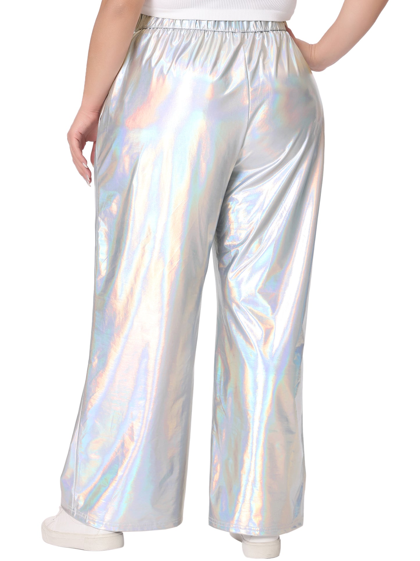 Women Plus Size Metallic High Waist Stretchy Jogger Pants Holographic Hip Hop Streetwear