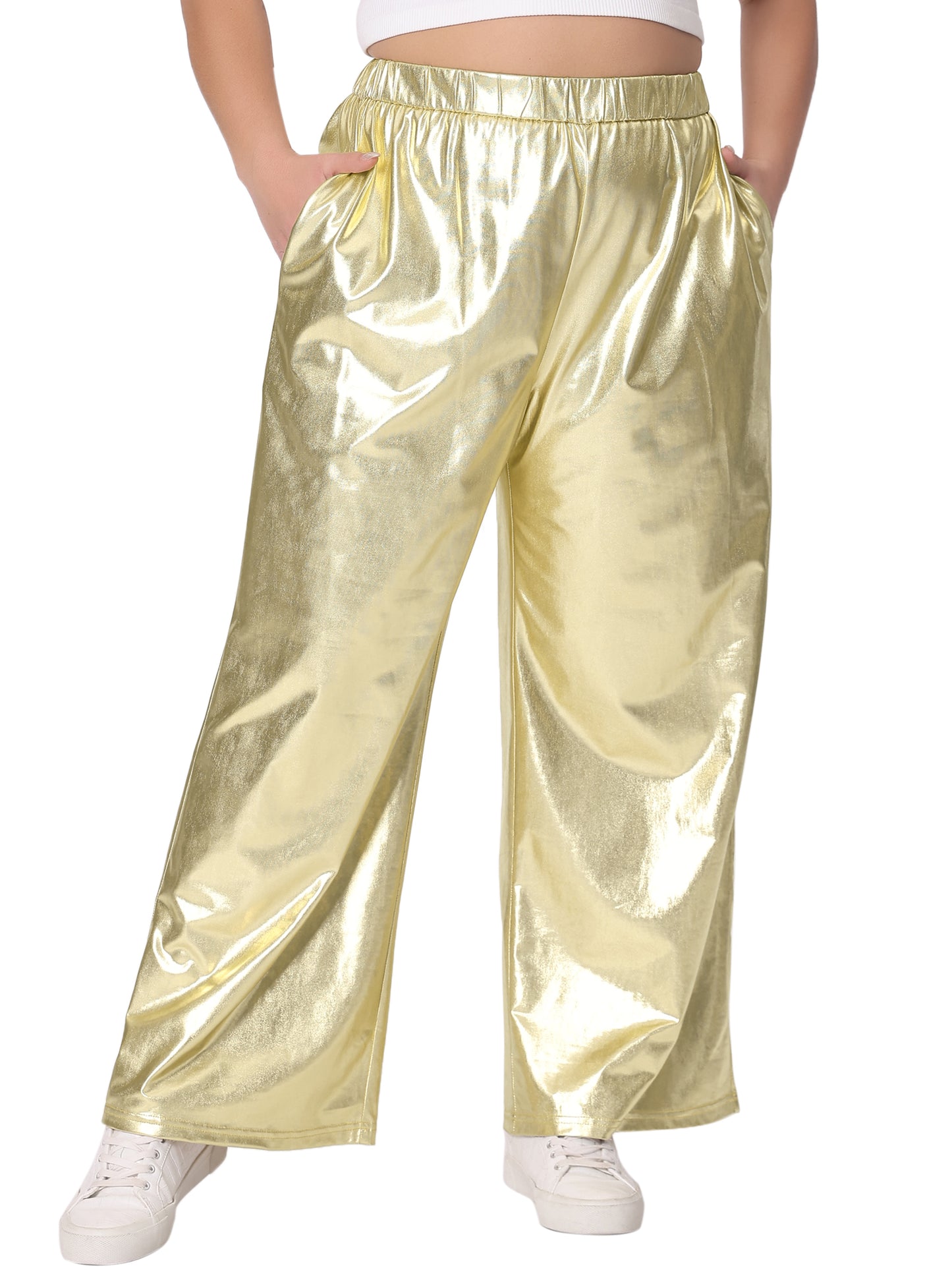 Women Plus Size Metallic High Waist Stretchy Jogger Pants Holographic Hip Hop Streetwear