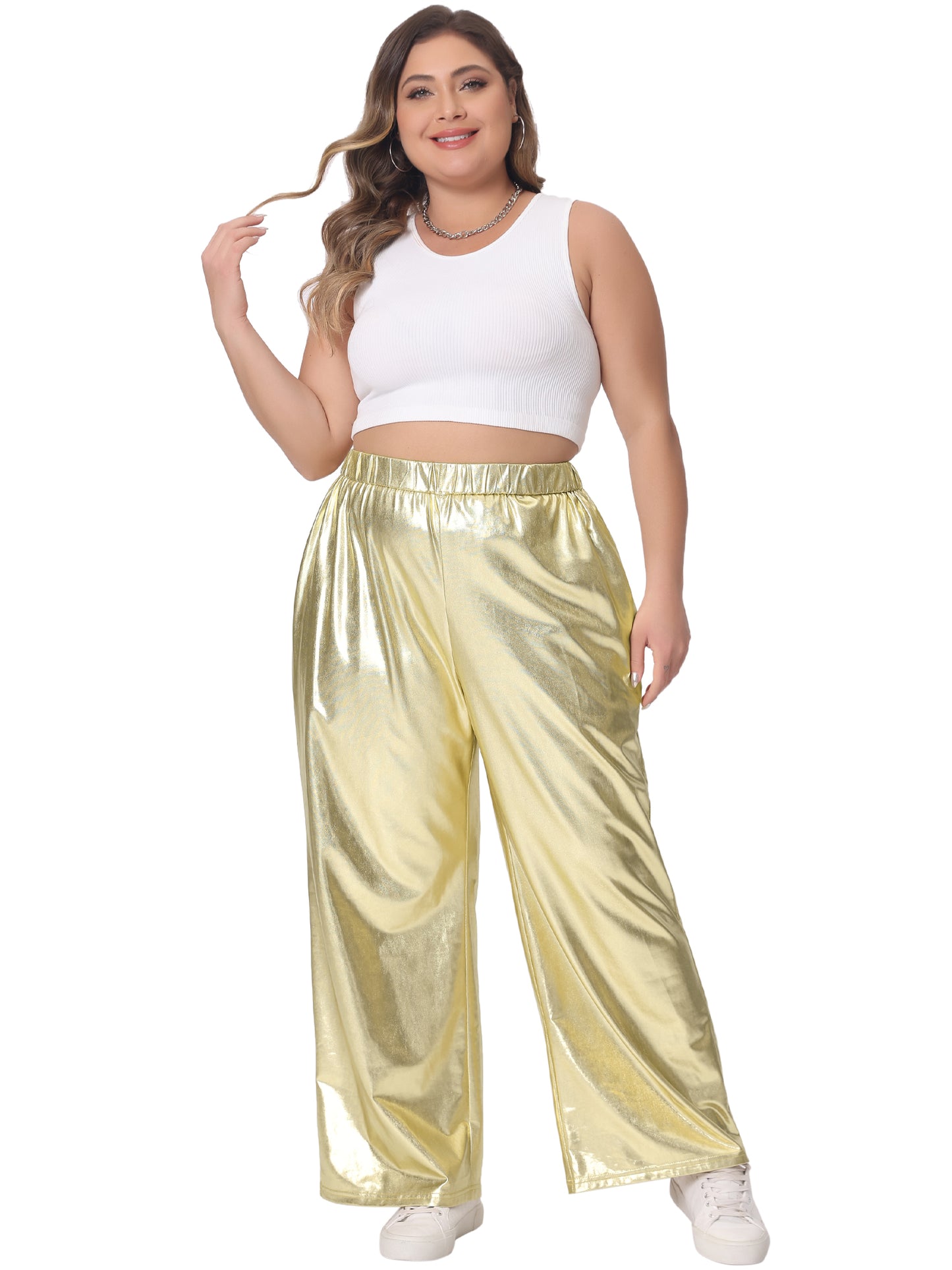 Women Plus Size Metallic High Waist Stretchy Jogger Pants Holographic Hip Hop Streetwear