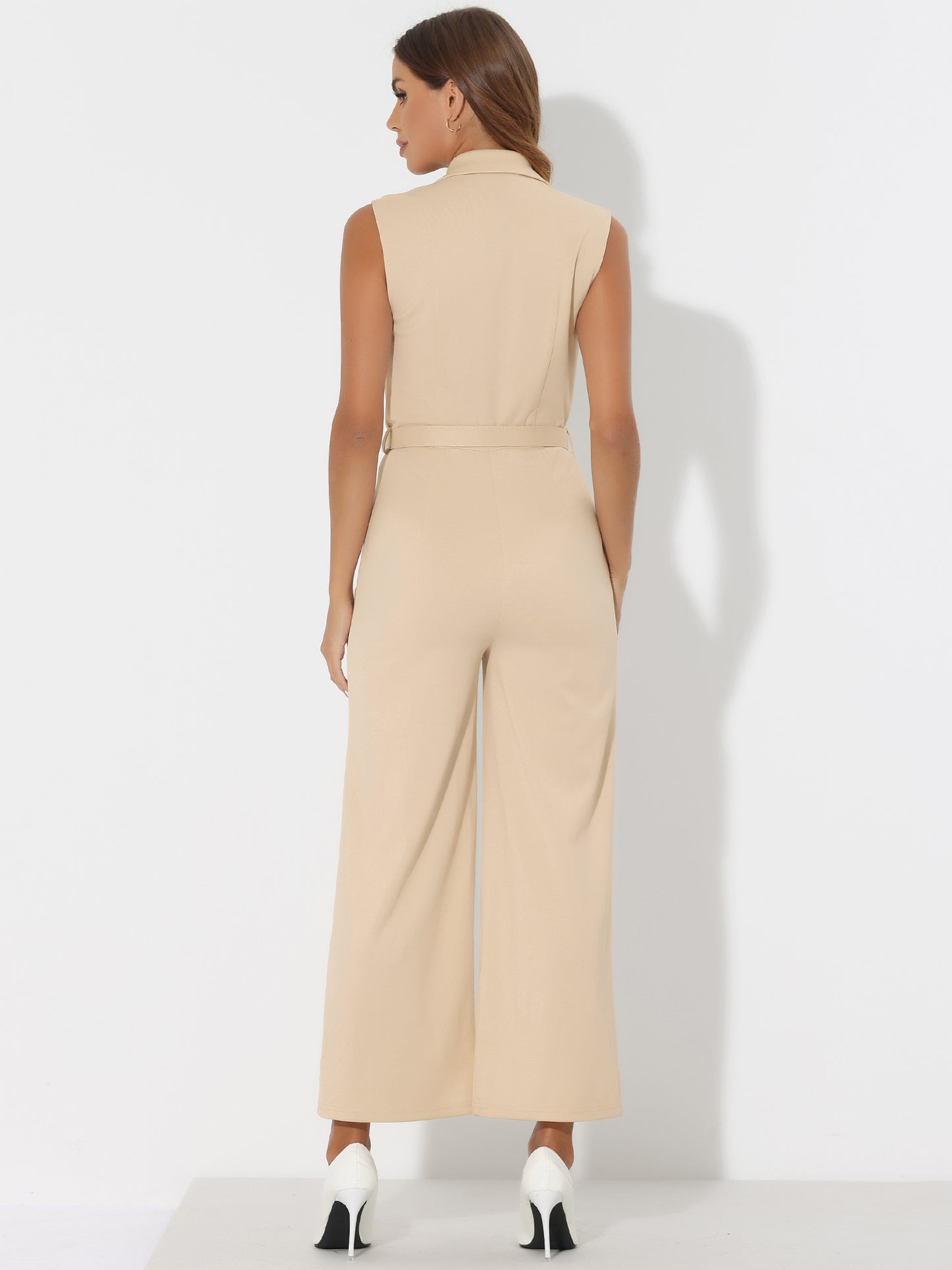 Womens' Sleeveless V Neck Button Front Jumpsuits Long Leg with Pocket Belted