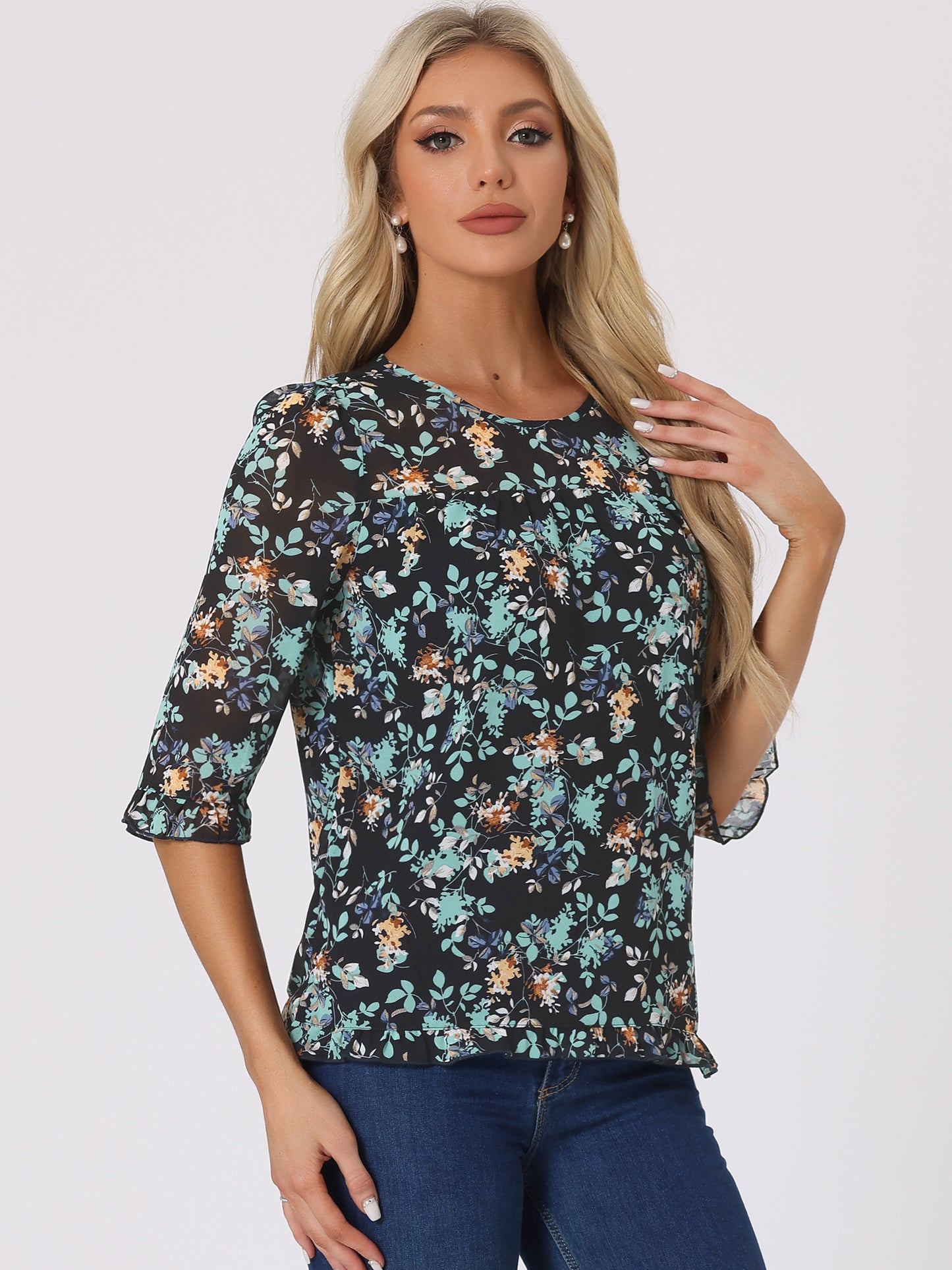 Women's Casual Ruffle 3/4 Sleeve Floral Print Chiffon Blouse