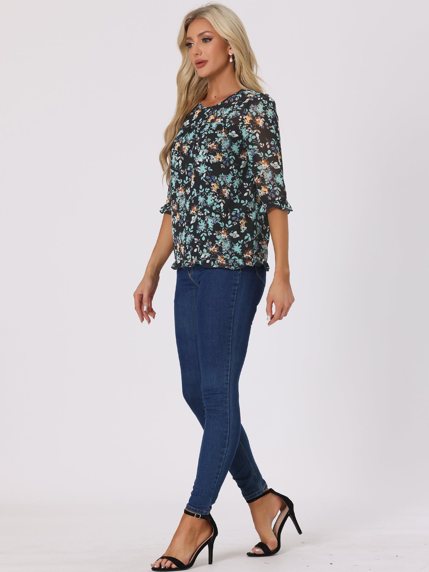Women's Casual Ruffle 3/4 Sleeve Floral Print Chiffon Blouse