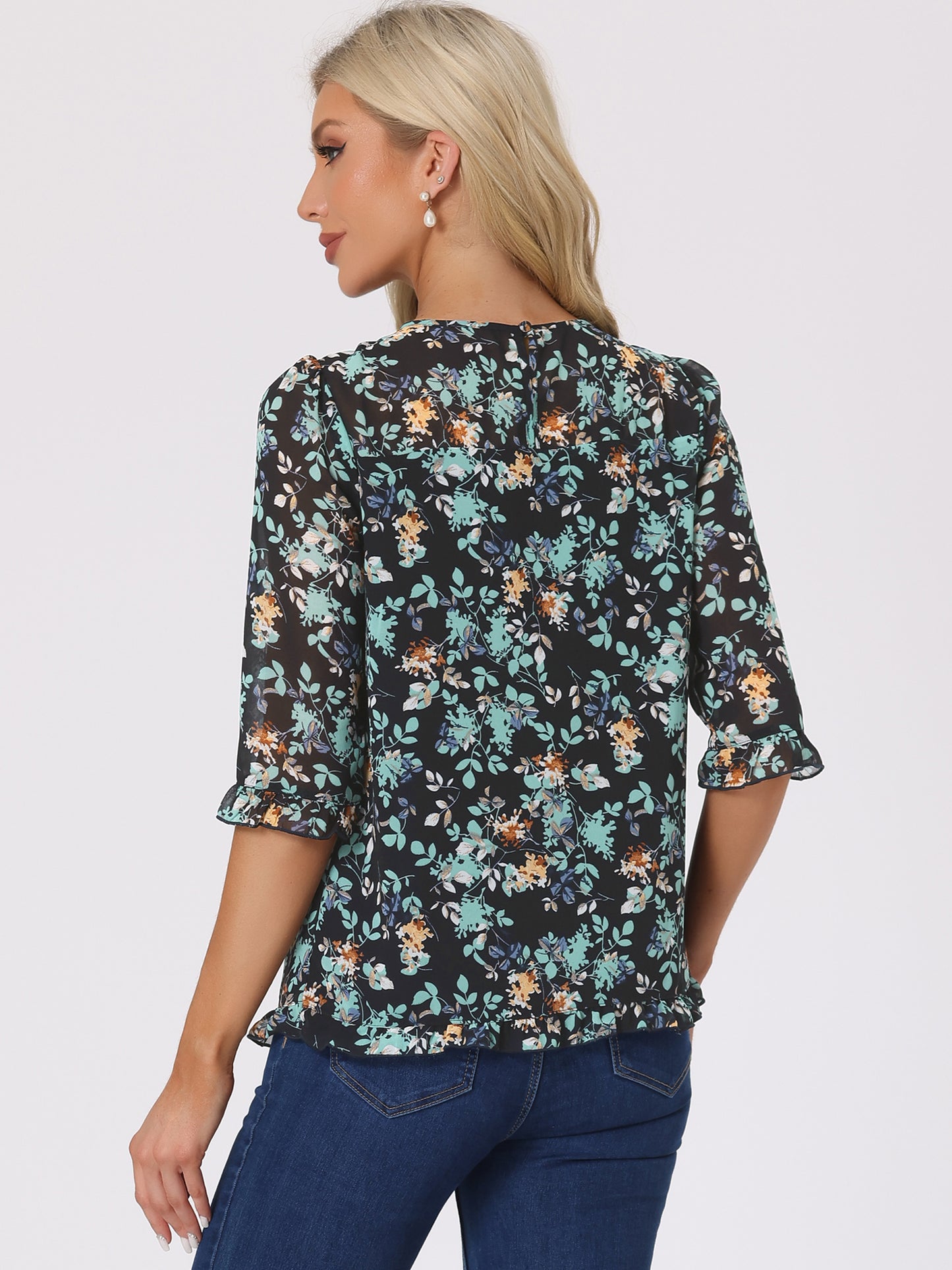 Women's Casual Ruffle 3/4 Sleeve Floral Print Chiffon Blouse