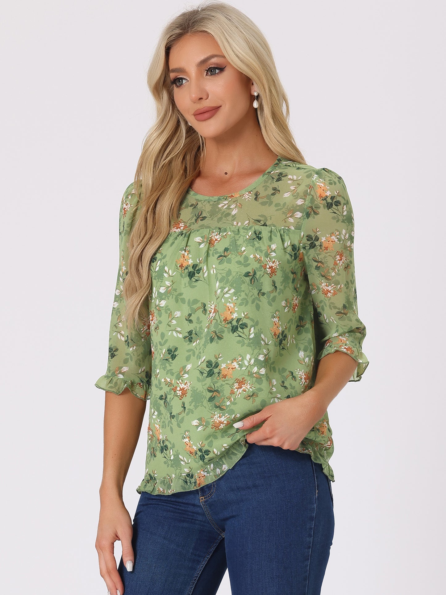 Women's Casual Ruffle 3/4 Sleeve Floral Print Chiffon Blouse