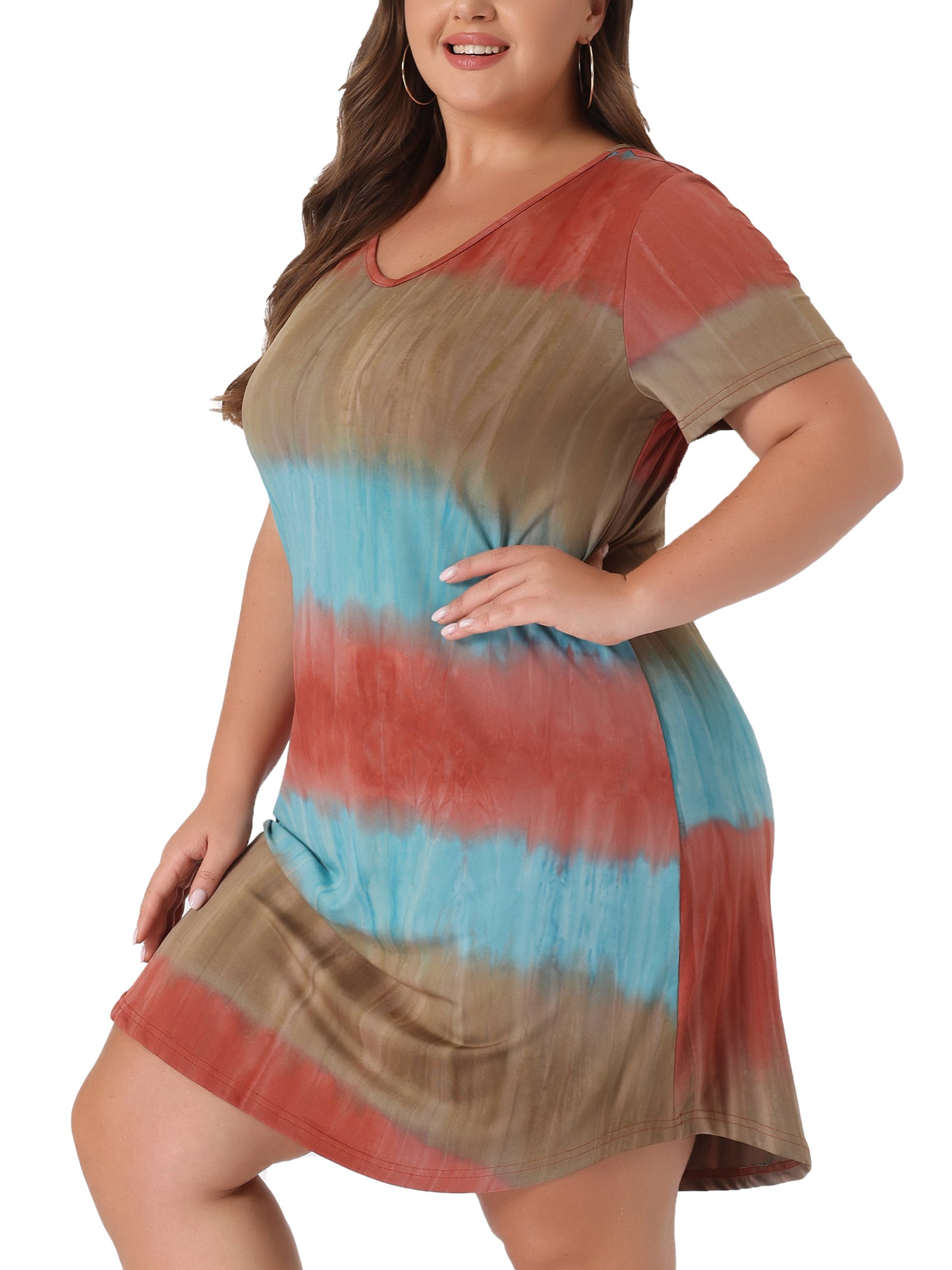 Women Plus Size Tie Dye Summer V Neck Short Sleeve Casual Dresses