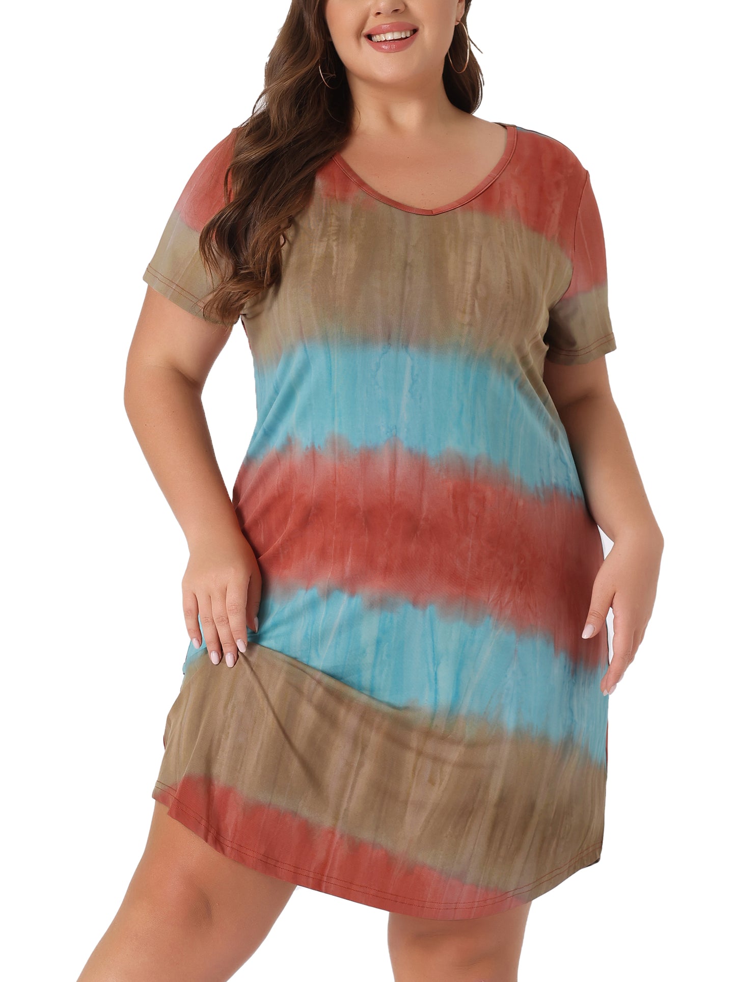 Women Plus Size Tie Dye Summer V Neck Short Sleeve Casual Dresses