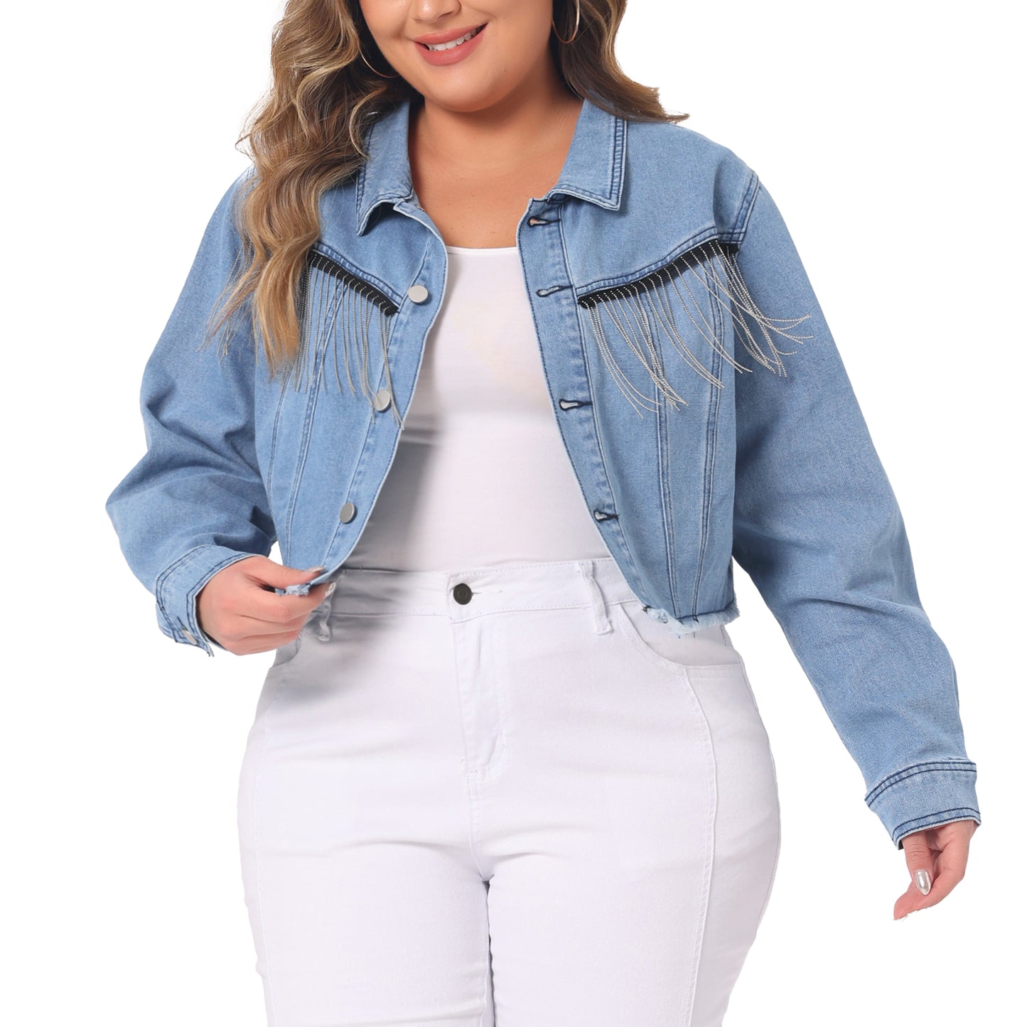 Women Plus Size Frayed Hem Tassel Button Jeans Cropped Denim Jacket