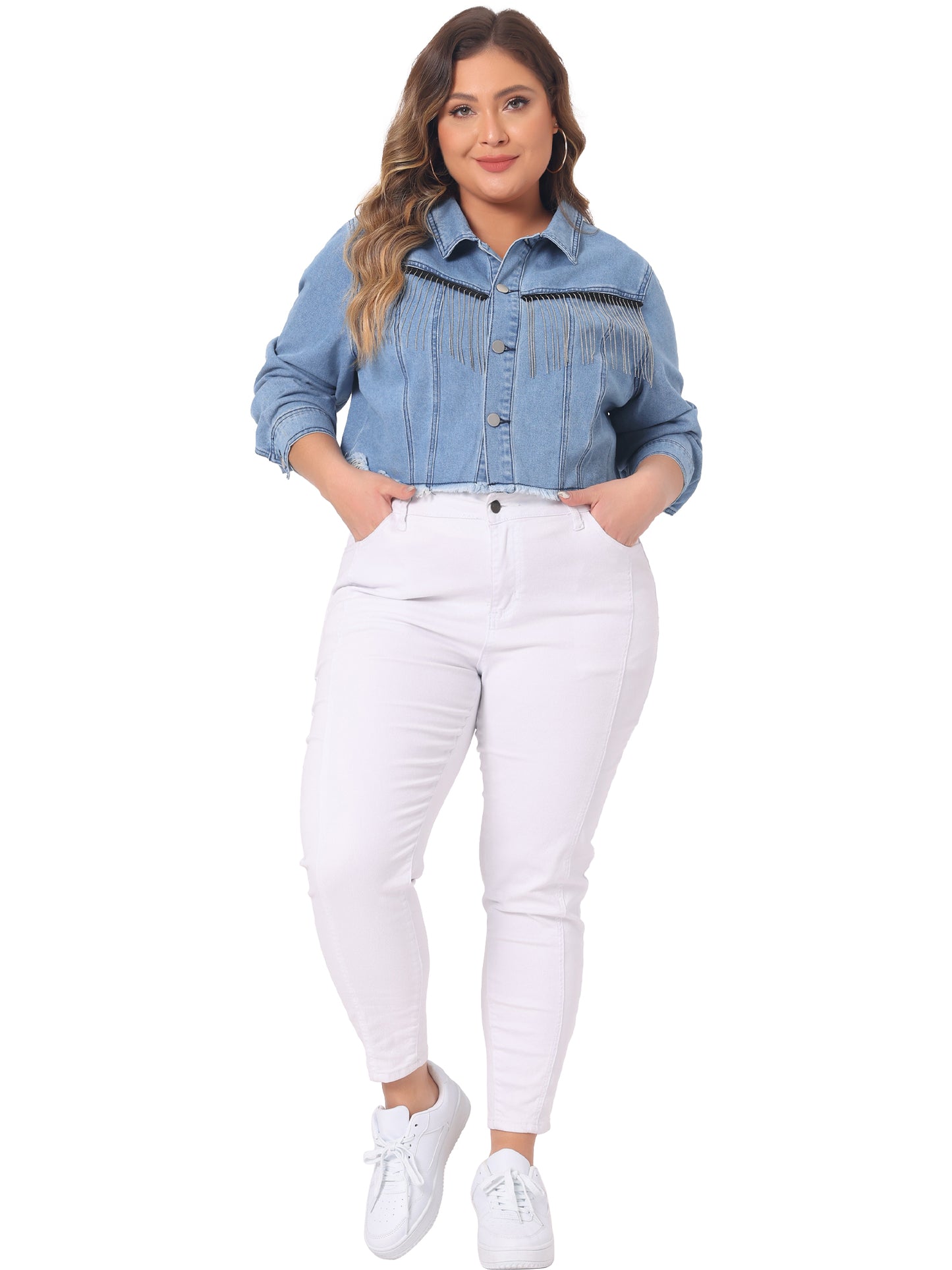 Women Plus Size Frayed Hem Tassel Button Jeans Cropped Denim Jacket