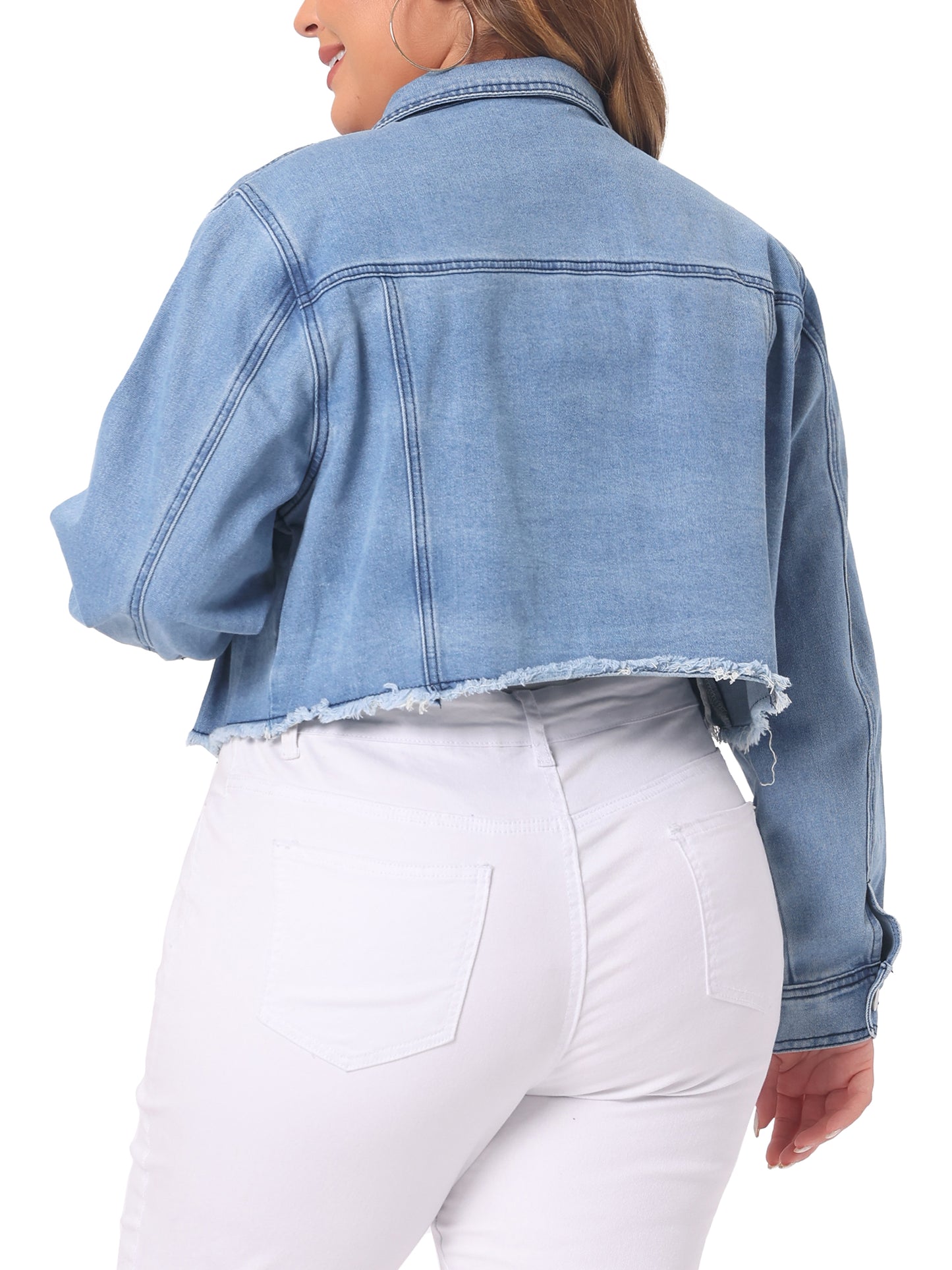 Women Plus Size Frayed Hem Tassel Button Jeans Cropped Denim Jacket