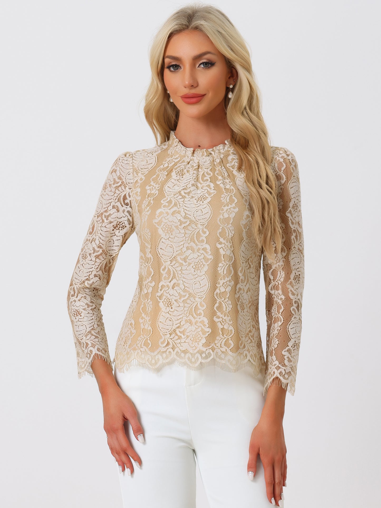 Women's Long Sleeve Lace Top Dressy Elegant Peplum Blouse Shirt
