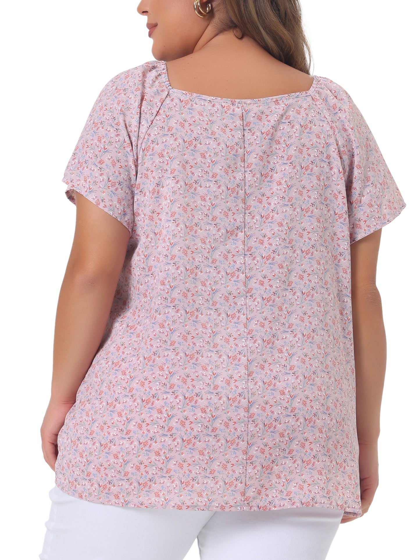 Women Plus Size Blouse Short Sleeve Tie Neck Floral Print Casual Top