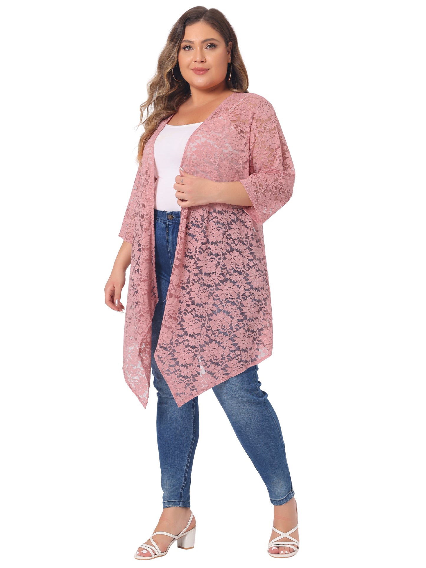 Women Plus Size Cardigans Open Front 3/4 Sleeves Crochet Cover Ups