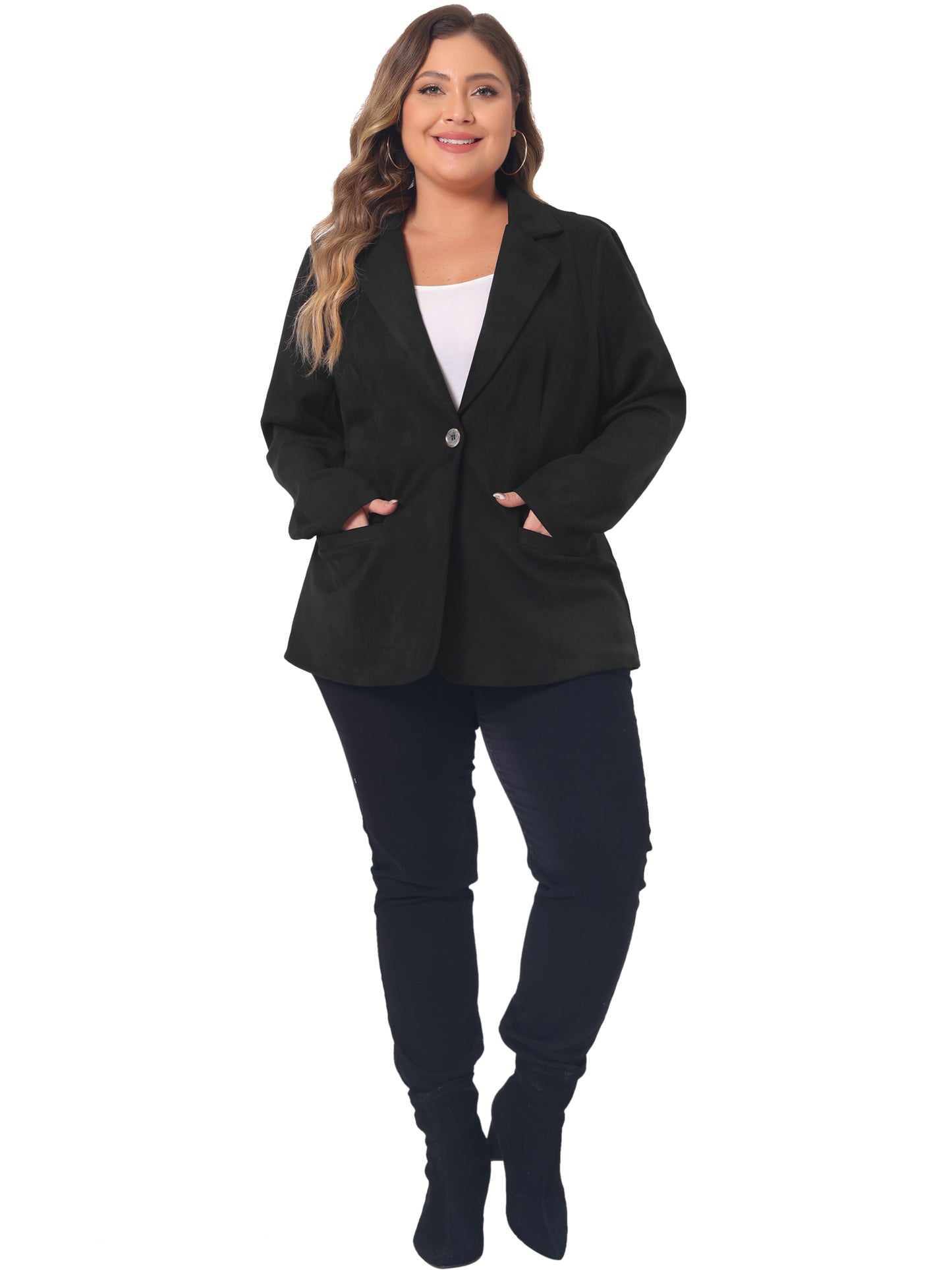 Women Plus Size Faux Suede Jacket Lapel Collar Button Front Long Sleeve Work Casual Blazer Jacket