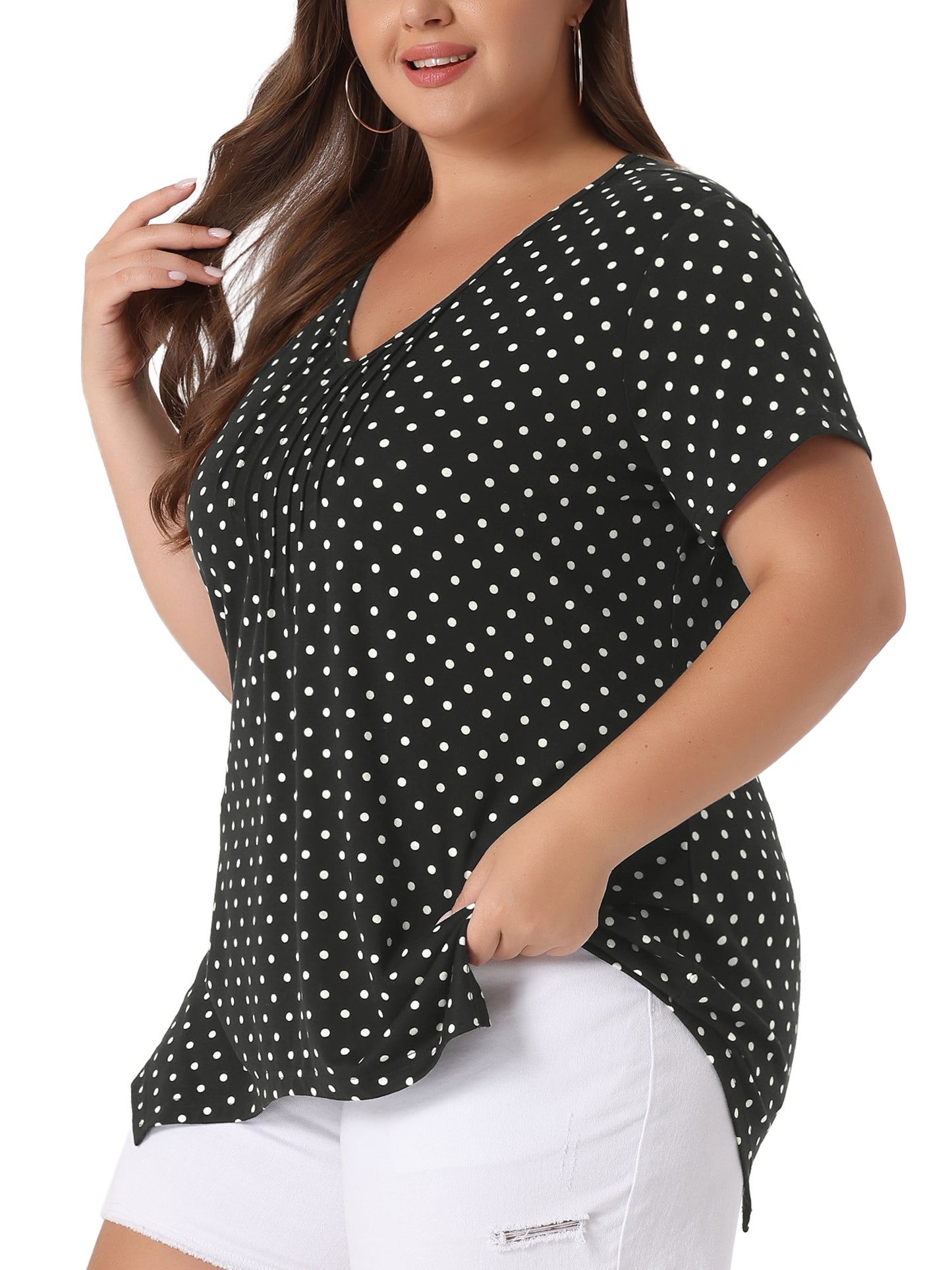 Women Plus Size Blouses Asymmetric V Neck Pintuck Short Sleeve Polka Dots Top