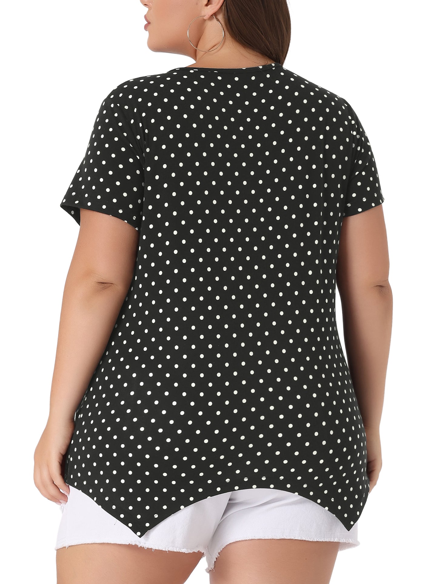 Women Plus Size Blouses Asymmetric V Neck Pintuck Short Sleeve Polka Dots Top
