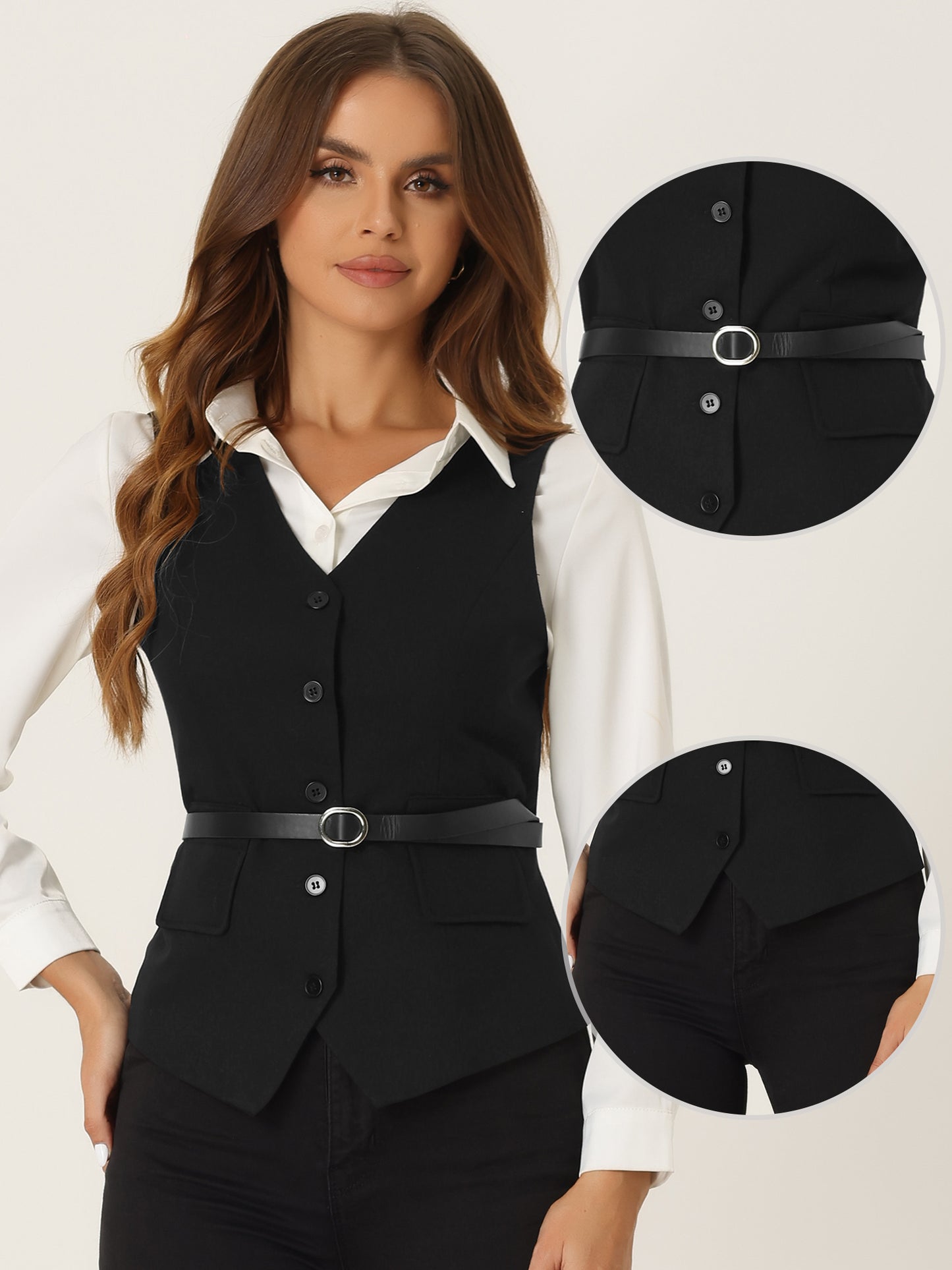 Women's Suit Vest Button Up Belt V Neck Sleeveless Waistcoat