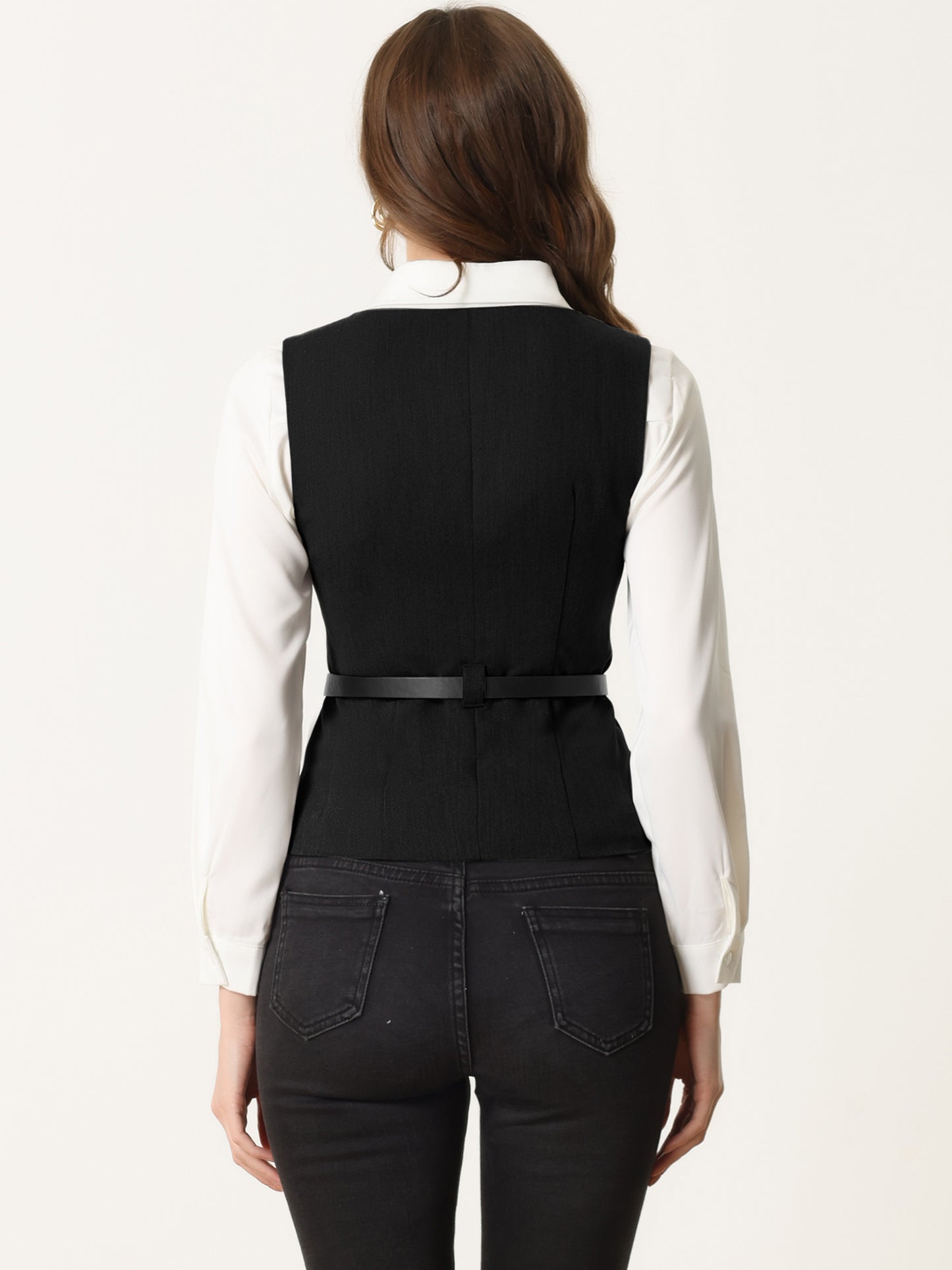 Women's Suit Vest Button Up Belt V Neck Sleeveless Waistcoat