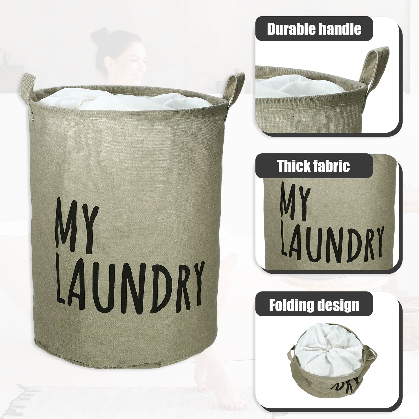 Foldable Laundry Basket, Drawstring Closure Tall Laundry Hamper with Handle Gray