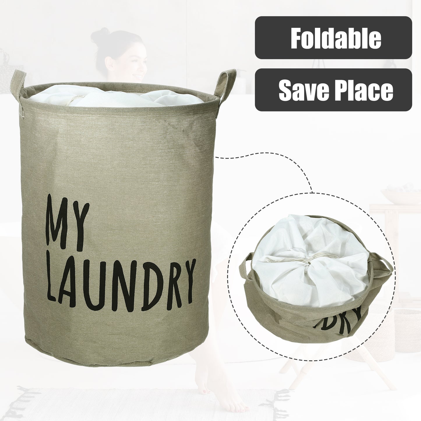 Foldable Laundry Basket, Drawstring Closure Tall Laundry Hamper with Handle Gray