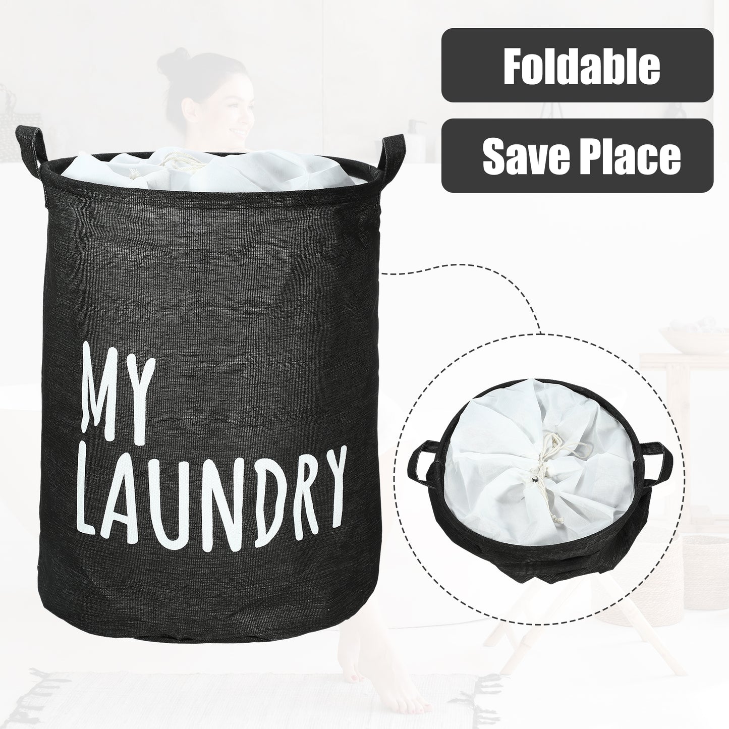 Foldable Laundry Basket, Drawstring Closure Tall Laundry Hamper with Handle Black