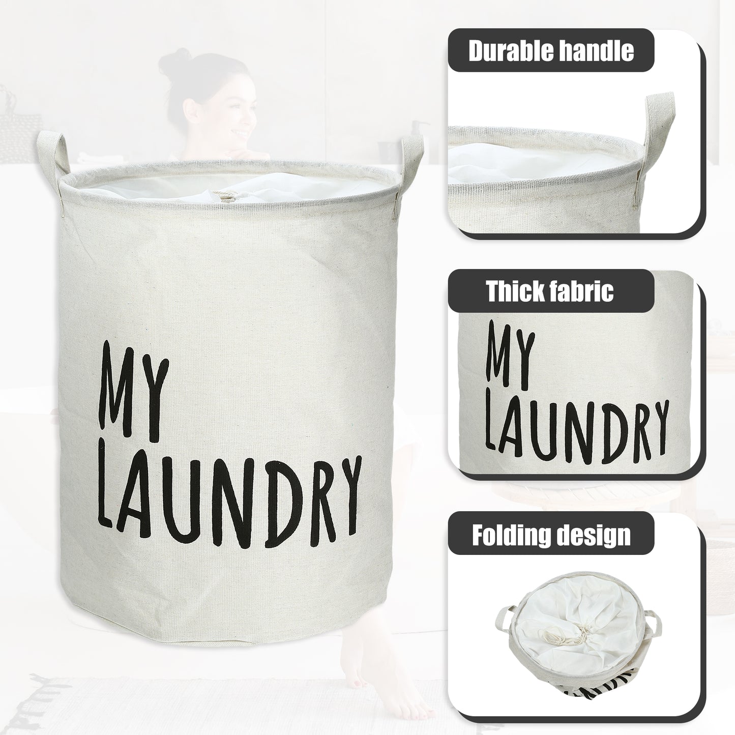 Foldable Laundry Basket, Drawstring Closure Tall Laundry Hamper with Handle White
