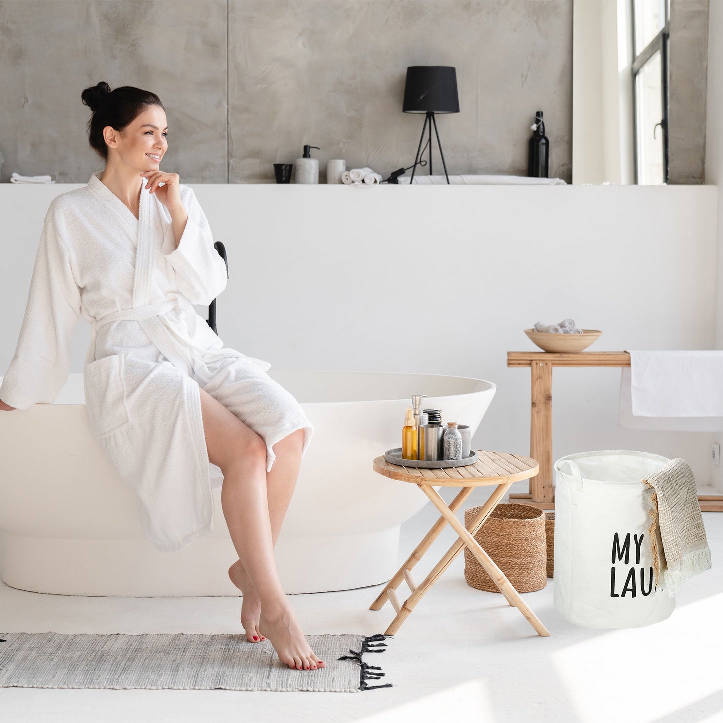 Foldable Laundry Basket, Drawstring Closure Tall Laundry Hamper with Handle White