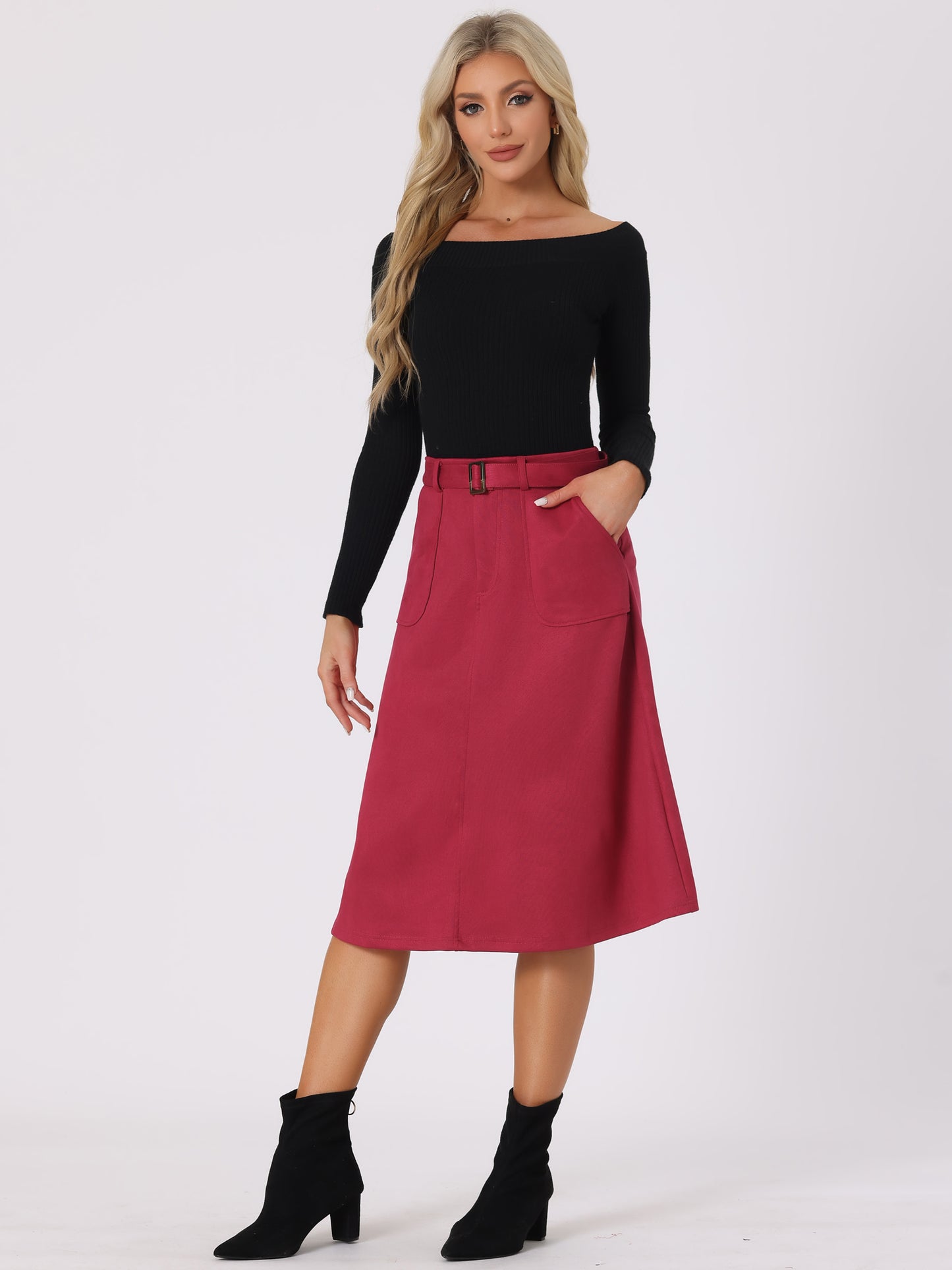 Women's Faux Suede Pockets Stretch A-Line Midi Skirt with Belt