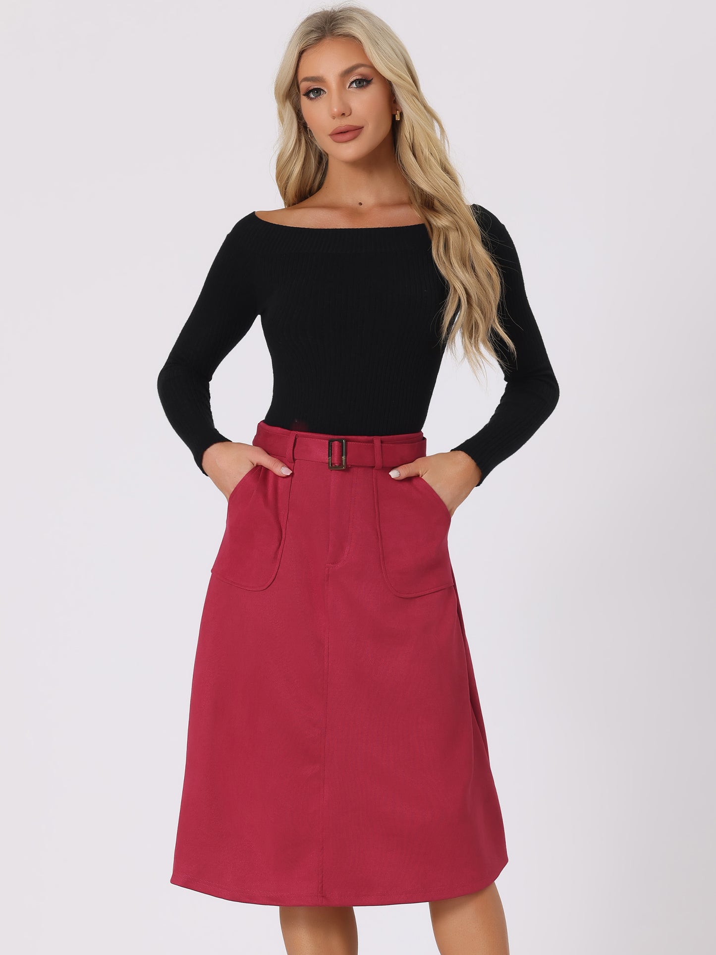 Women's Faux Suede Pockets Stretch A-Line Midi Skirt with Belt