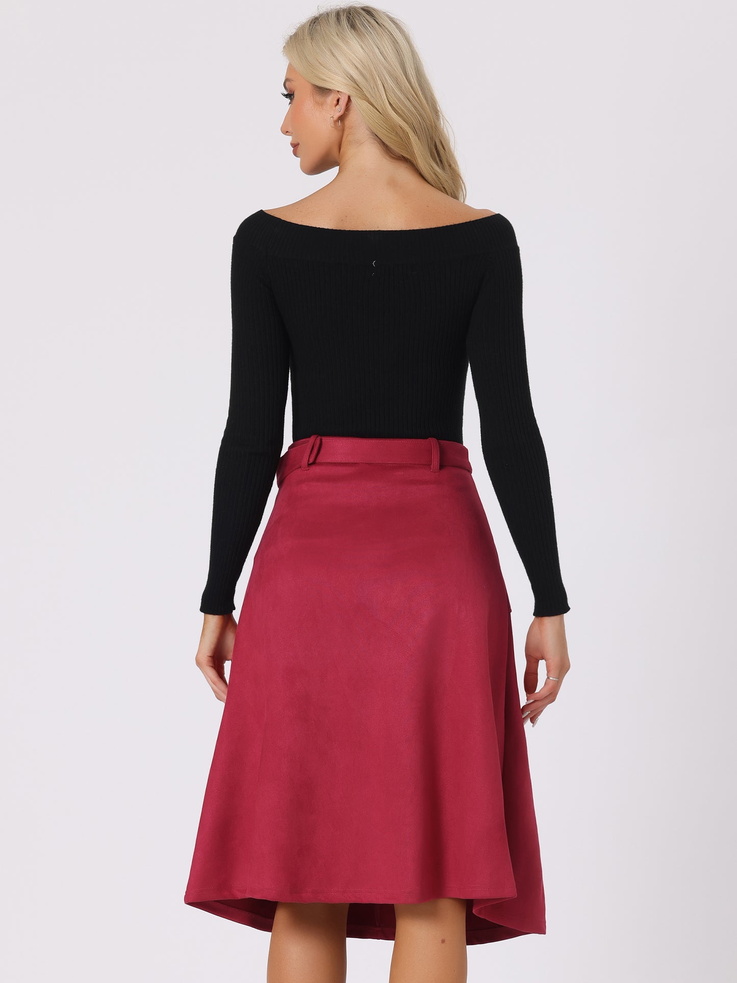 Women's Faux Suede Pockets Stretch A-Line Midi Skirt with Belt