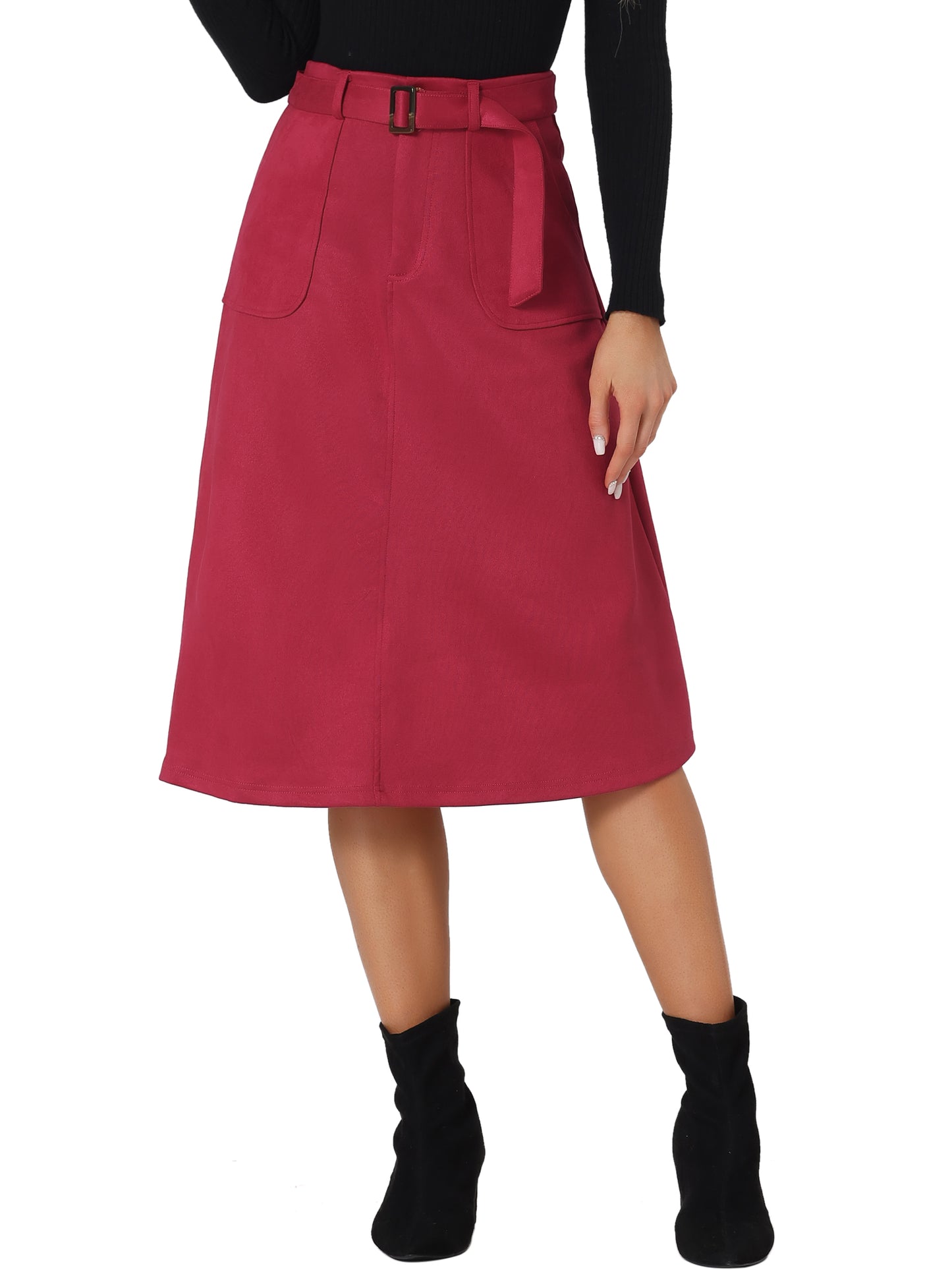 Women's Faux Suede Pockets Stretch A-Line Midi Skirt with Belt
