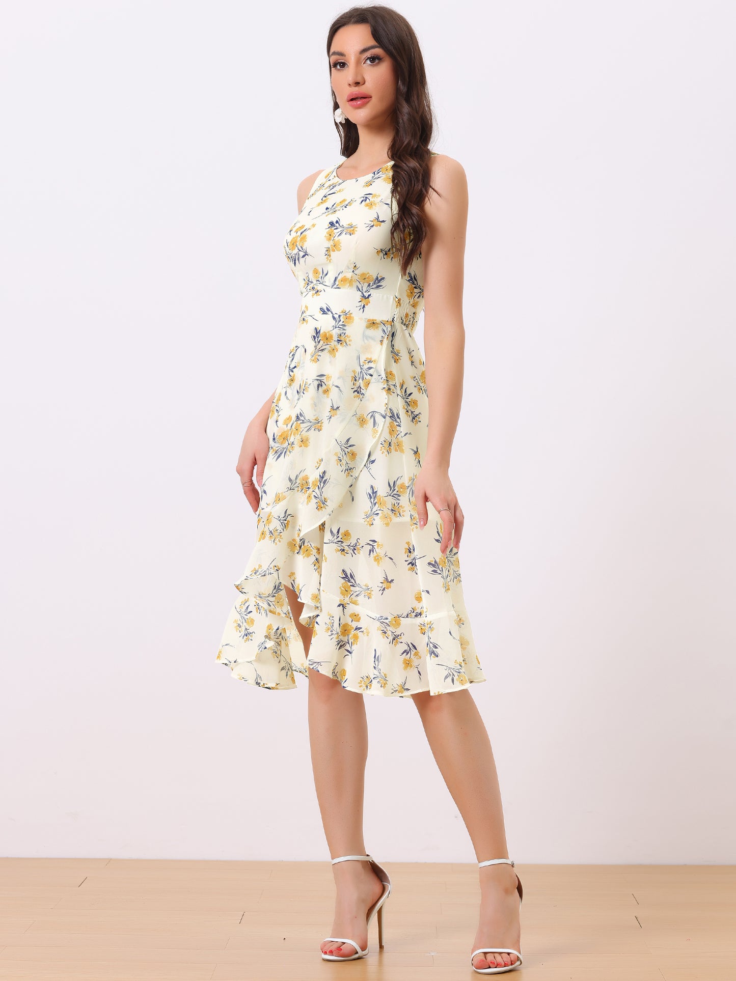 Women's Summer Dresses Wrap Ruffle High Low Hem Round Neck Keyhole Back Sleeveless Floral Dress