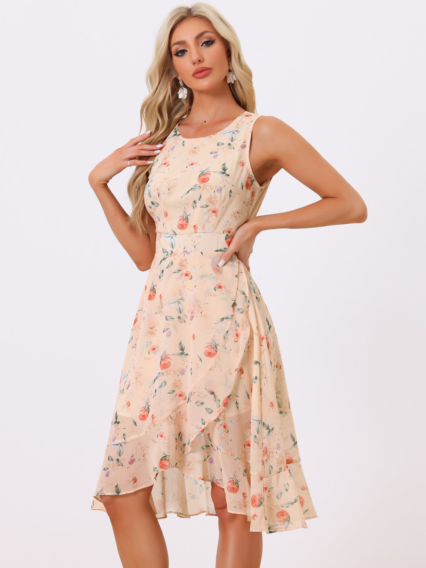 Women's Summer Dresses Wrap Ruffle High Low Hem Round Neck Keyhole Back Sleeveless Floral Dress