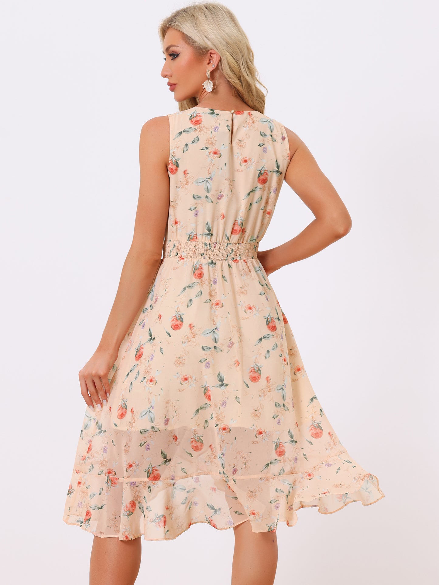 Women's Summer Dresses Wrap Ruffle High Low Hem Round Neck Keyhole Back Sleeveless Floral Dress