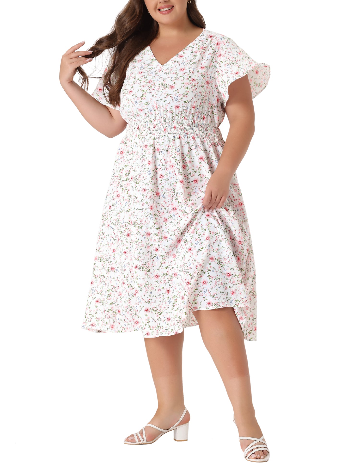 Women's Plus Size Summer Dress Floral Print V Neck Smocked A-Line Flowy Midi Dress
