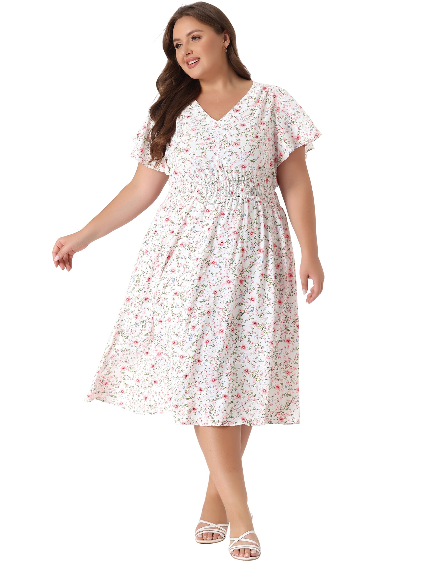 Women's Plus Size Summer Dress Floral Print V Neck Smocked A-Line Flowy Midi Dress