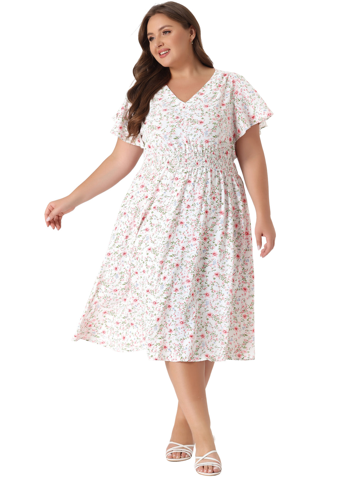 Women's Plus Size Summer Floral Print V Neck Smocked A-Line Flowy Midi Dress