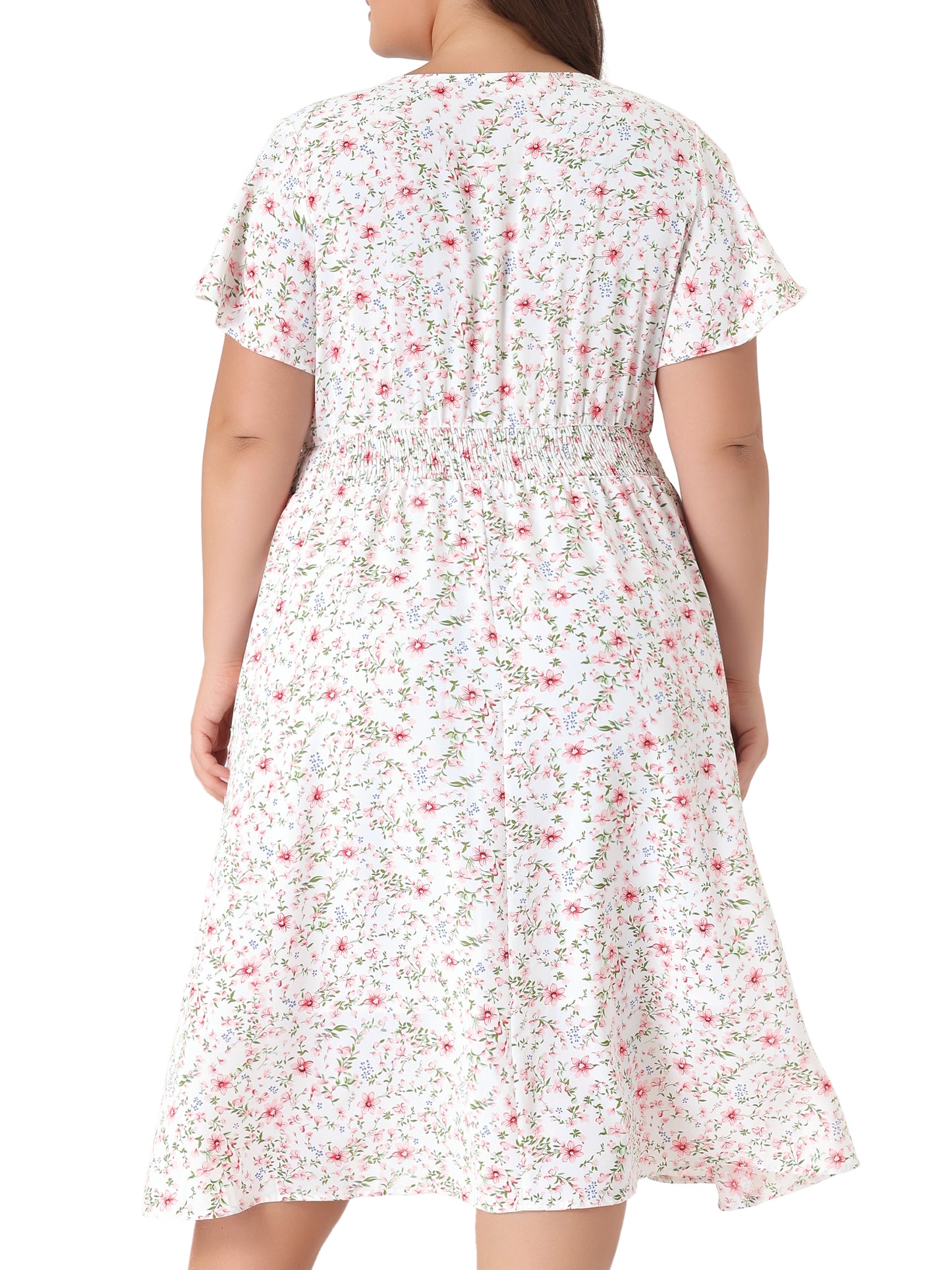 Women's Plus Size Summer Dress Floral Print V Neck Smocked A-Line Flowy Midi Dress