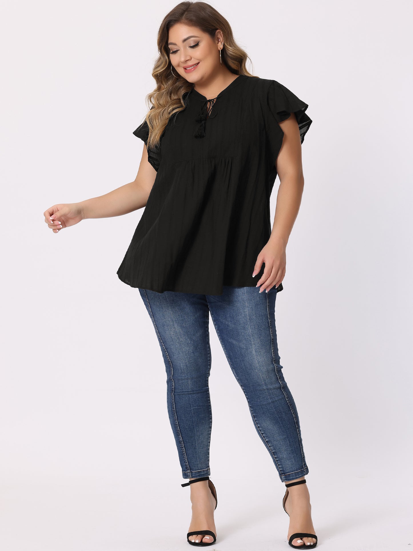 Women Plus Size V Neck Tassel Self Tie Flutter Short Sleeve Blouse Flowy Summer Top