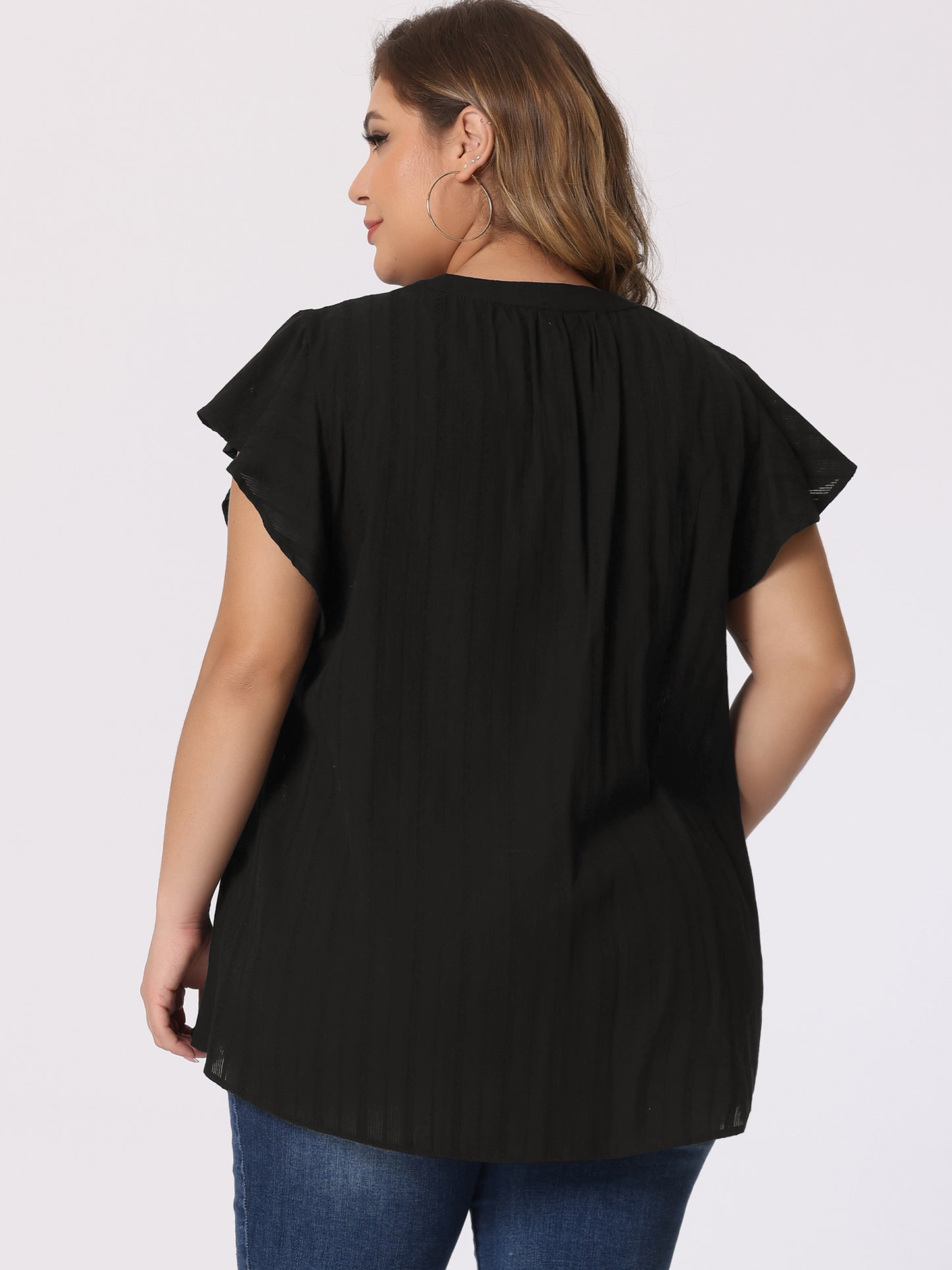 Women Plus Size V Neck Tassel Self Tie Flutter Short Sleeve Blouse Flowy Summer Top