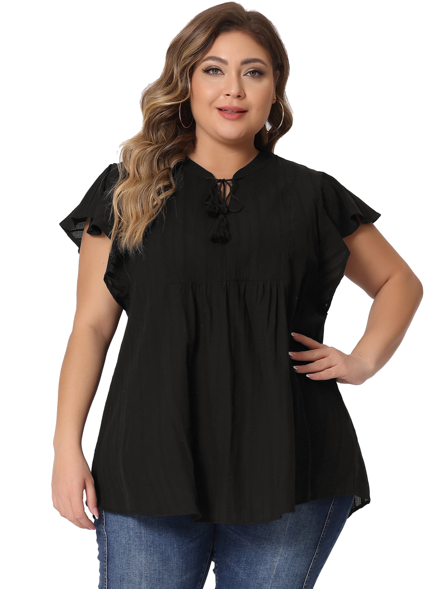 Women Plus Size V Neck Tassel Self Tie Flutter Short Sleeve Blouse Flowy Summer Top