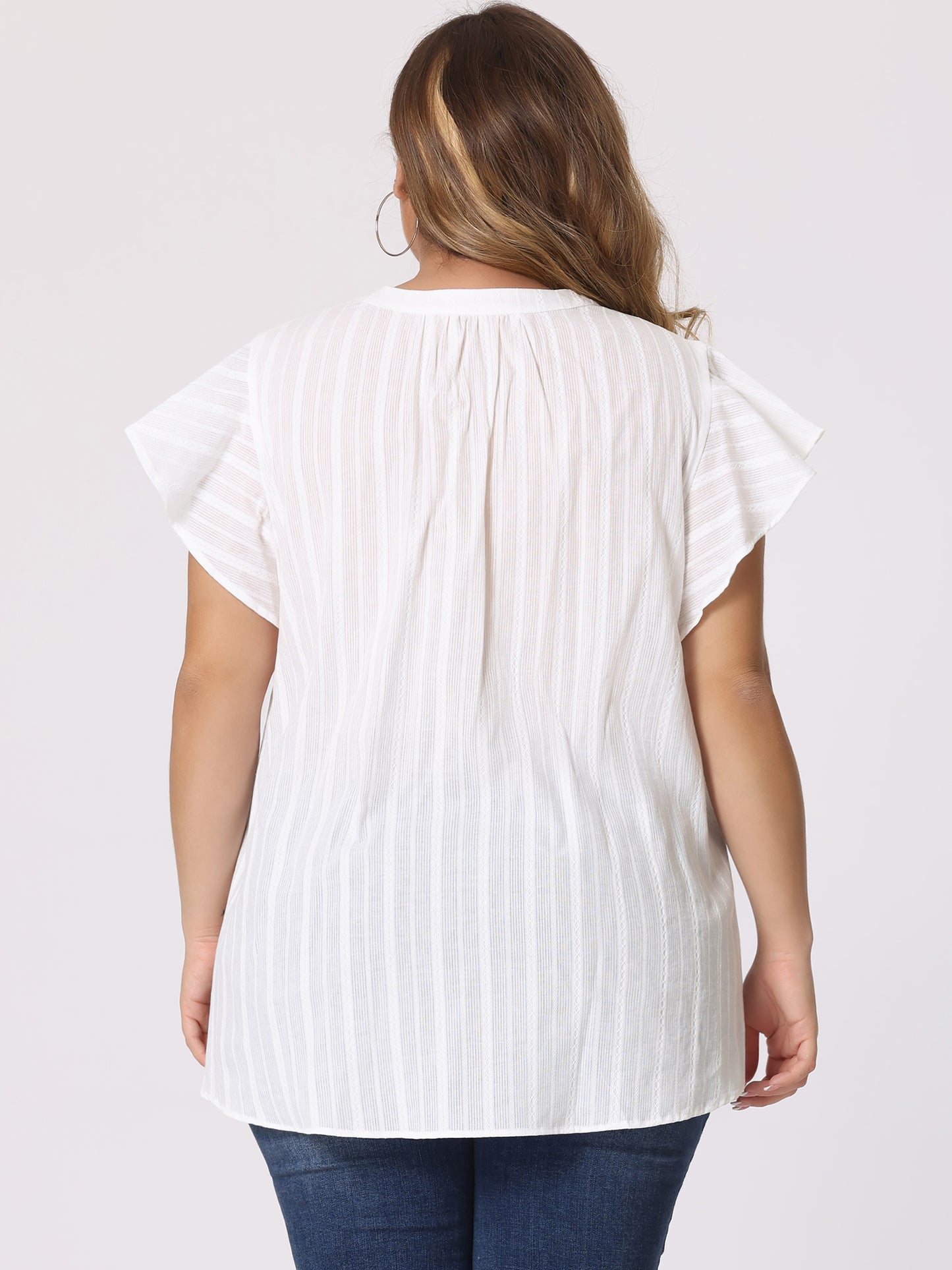 Women Plus Size V Neck Tassel Self Tie Flutter Short Sleeve Blouse Flowy Summer Top