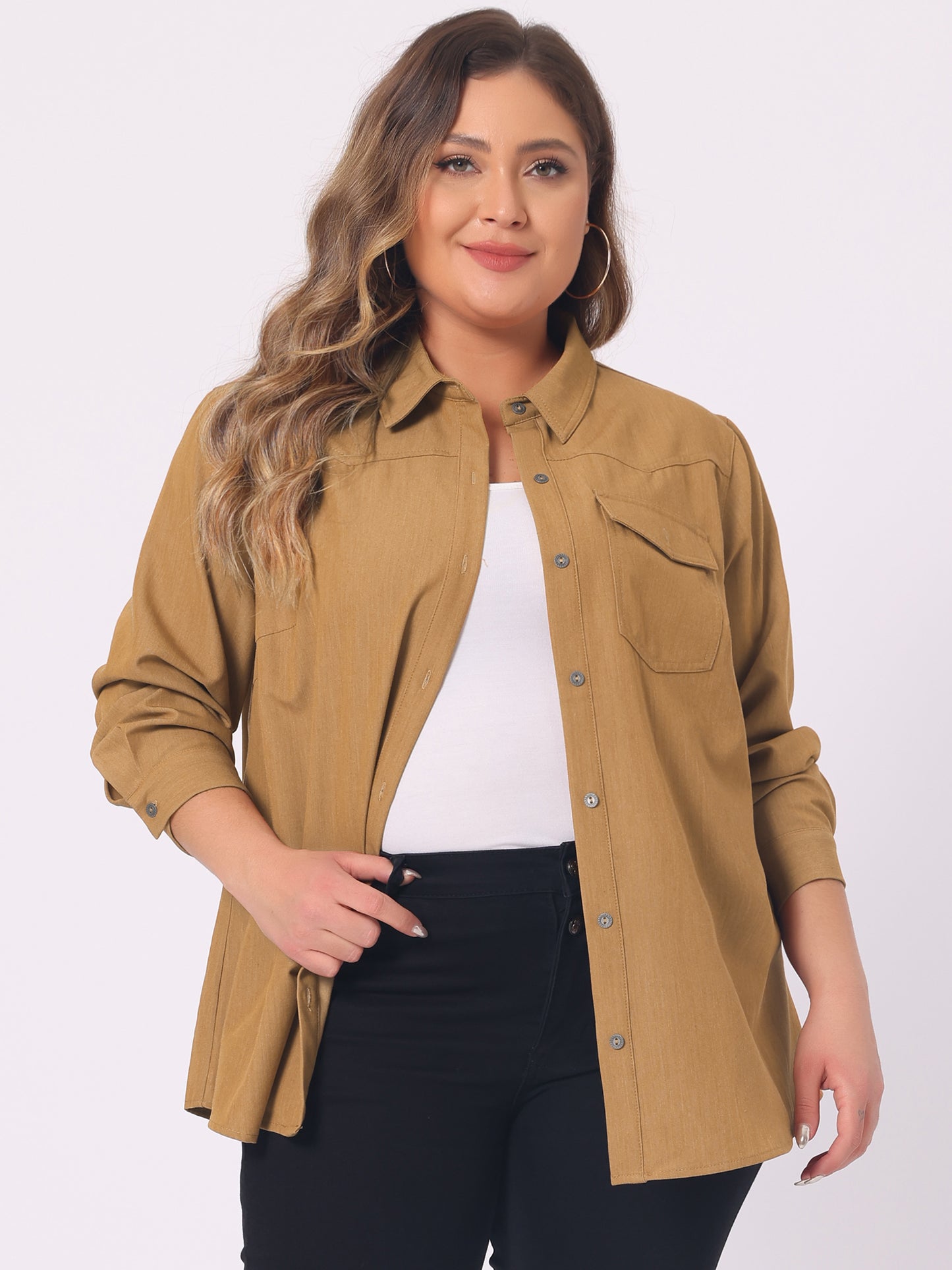 Women's Plus Size Denim Shirt Long Sleeves Chest Pocket Button Down Chambray Shirt