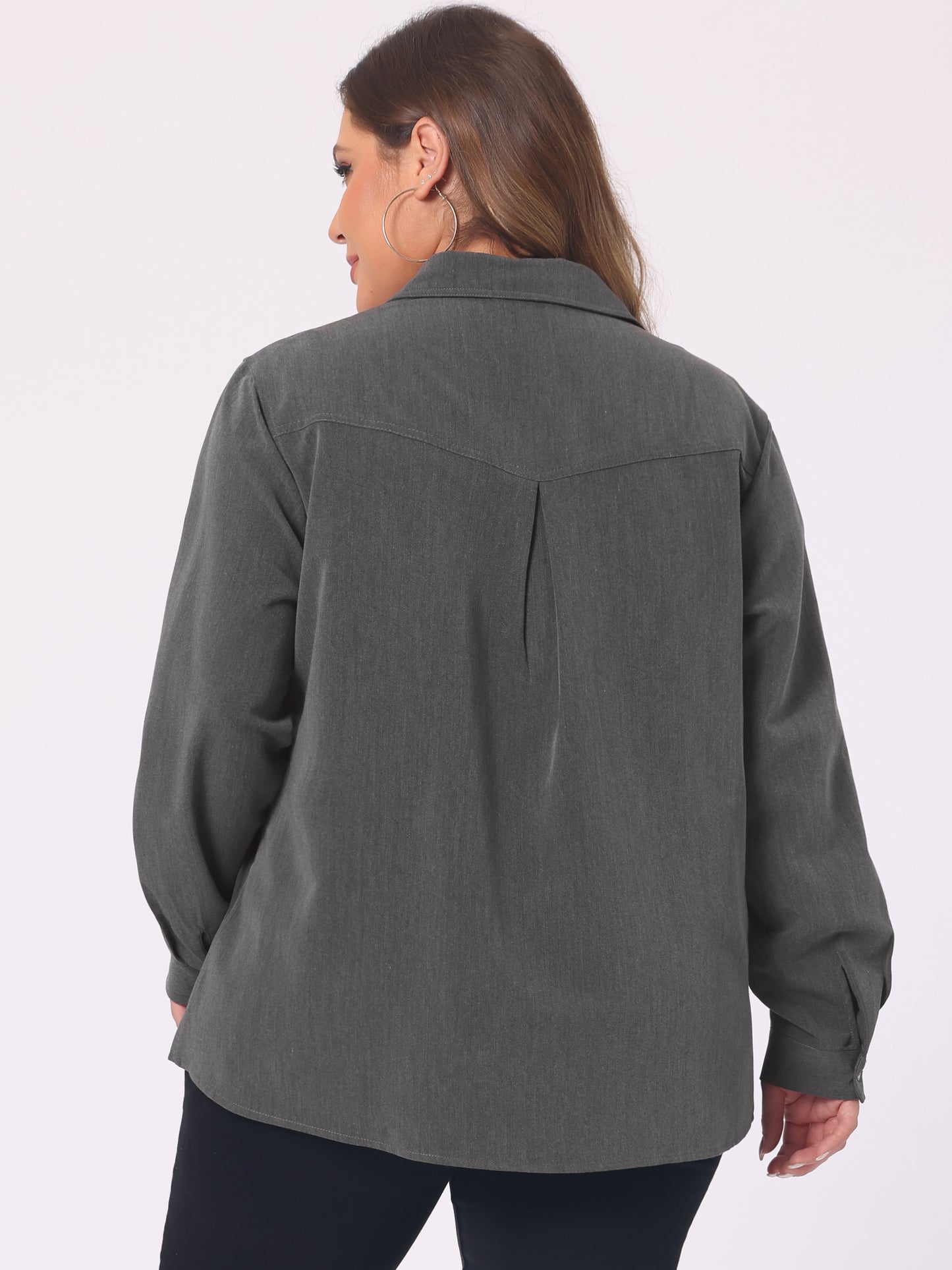 Women's Plus Size Denim Shirt Long Sleeves Chest Pocket Button Down Chambray Shirt