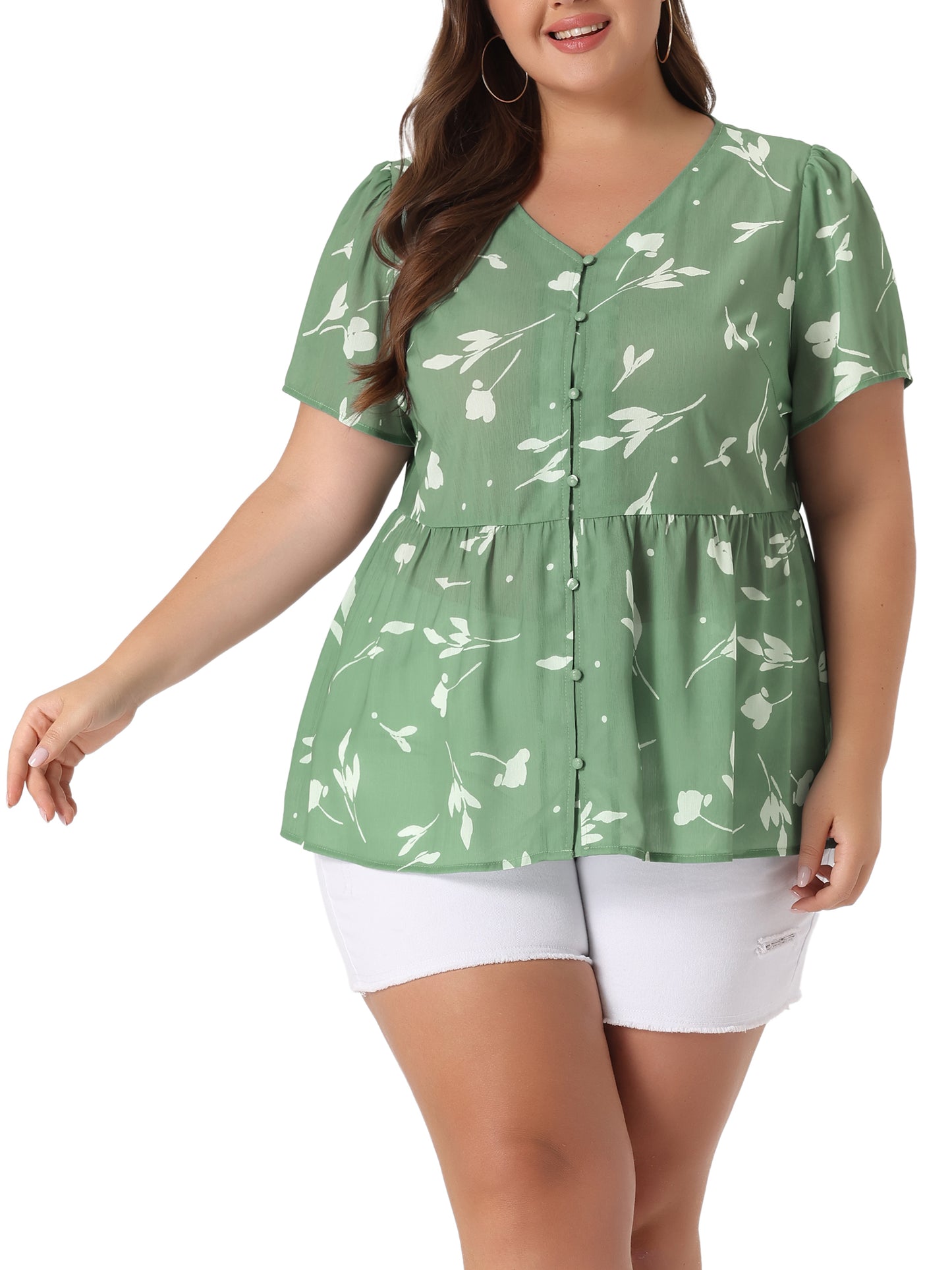 Women Plus Size Chiffon Shirt V Neck Ruffle Short Sleeve Floral Peplum Top