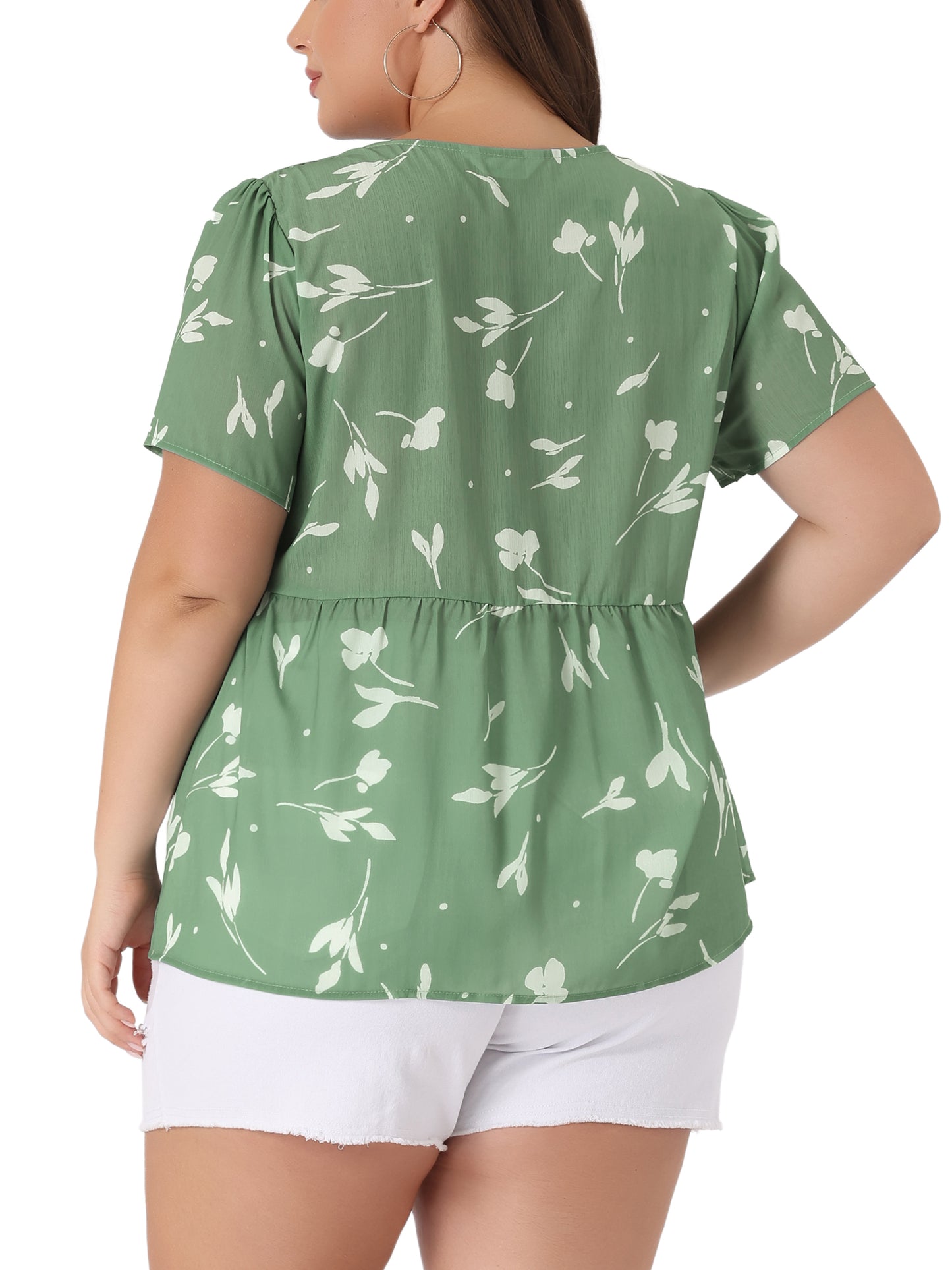 Women Plus Size Chiffon Shirt V Neck Ruffle Short Sleeve Floral Peplum Top