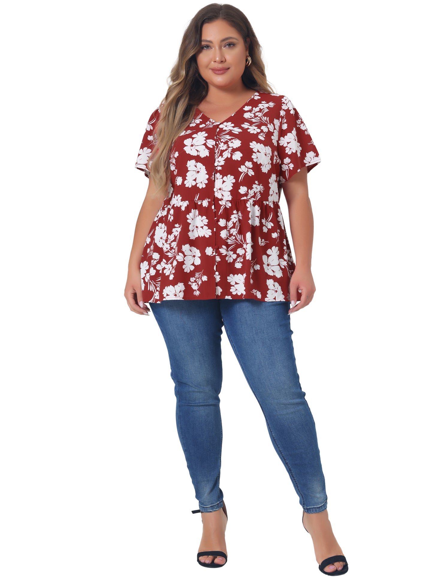 Women Plus Size Chiffon Shirt V Neck Ruffle Short Sleeve Floral Peplum Top