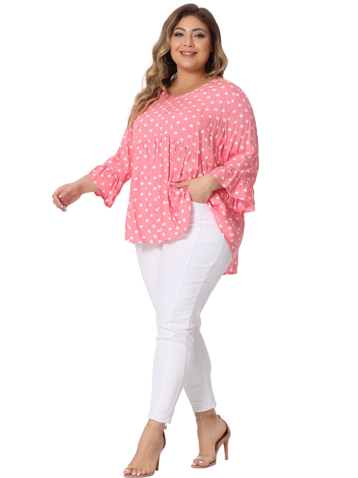 Women Plus Size Polka Dots Blouses V Neck 3/4 Ruffle Sleeve Peplum Top