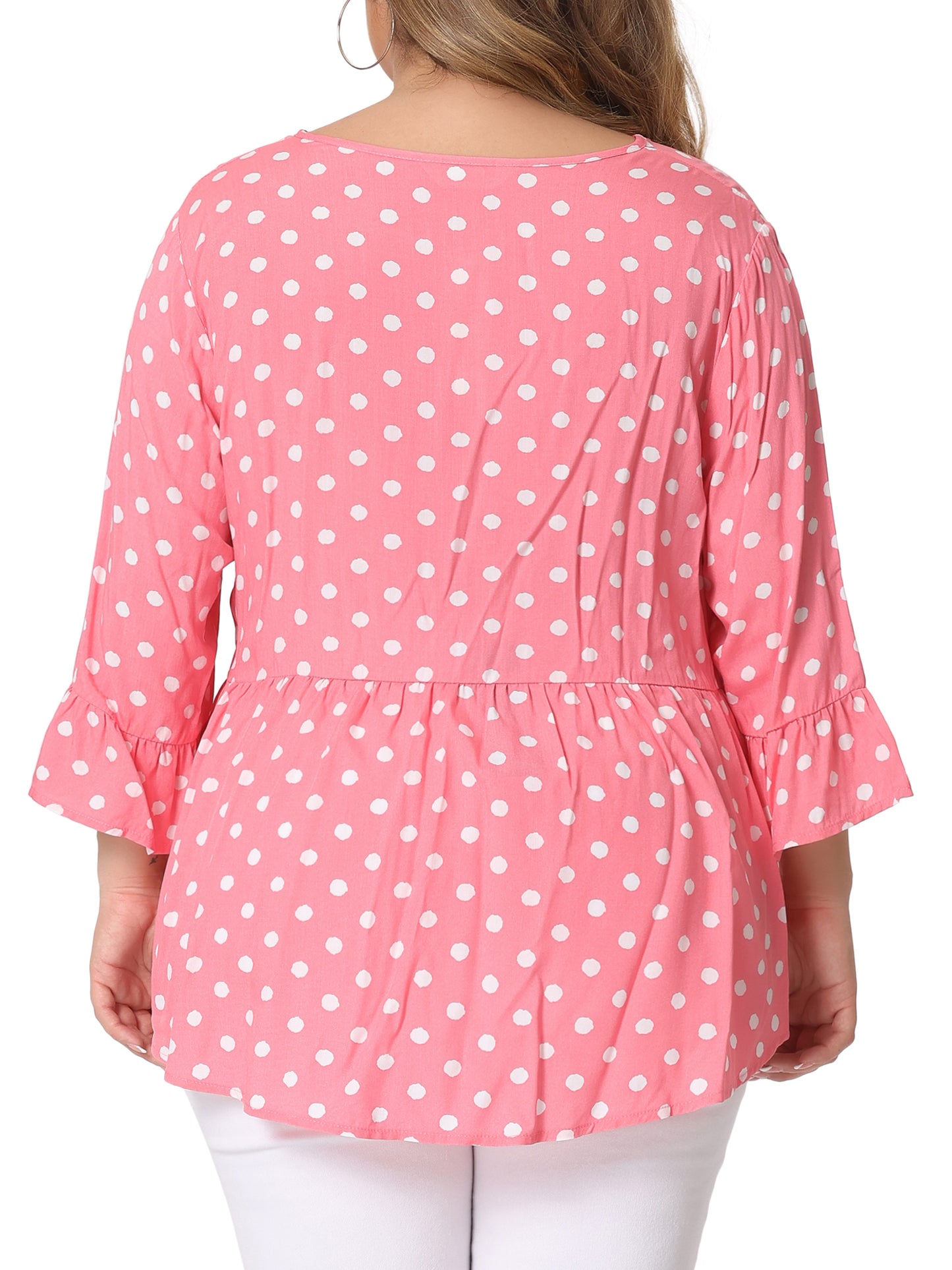Women Plus Size Polka Dots Blouses V Neck 3/4 Ruffle Sleeve Peplum Top