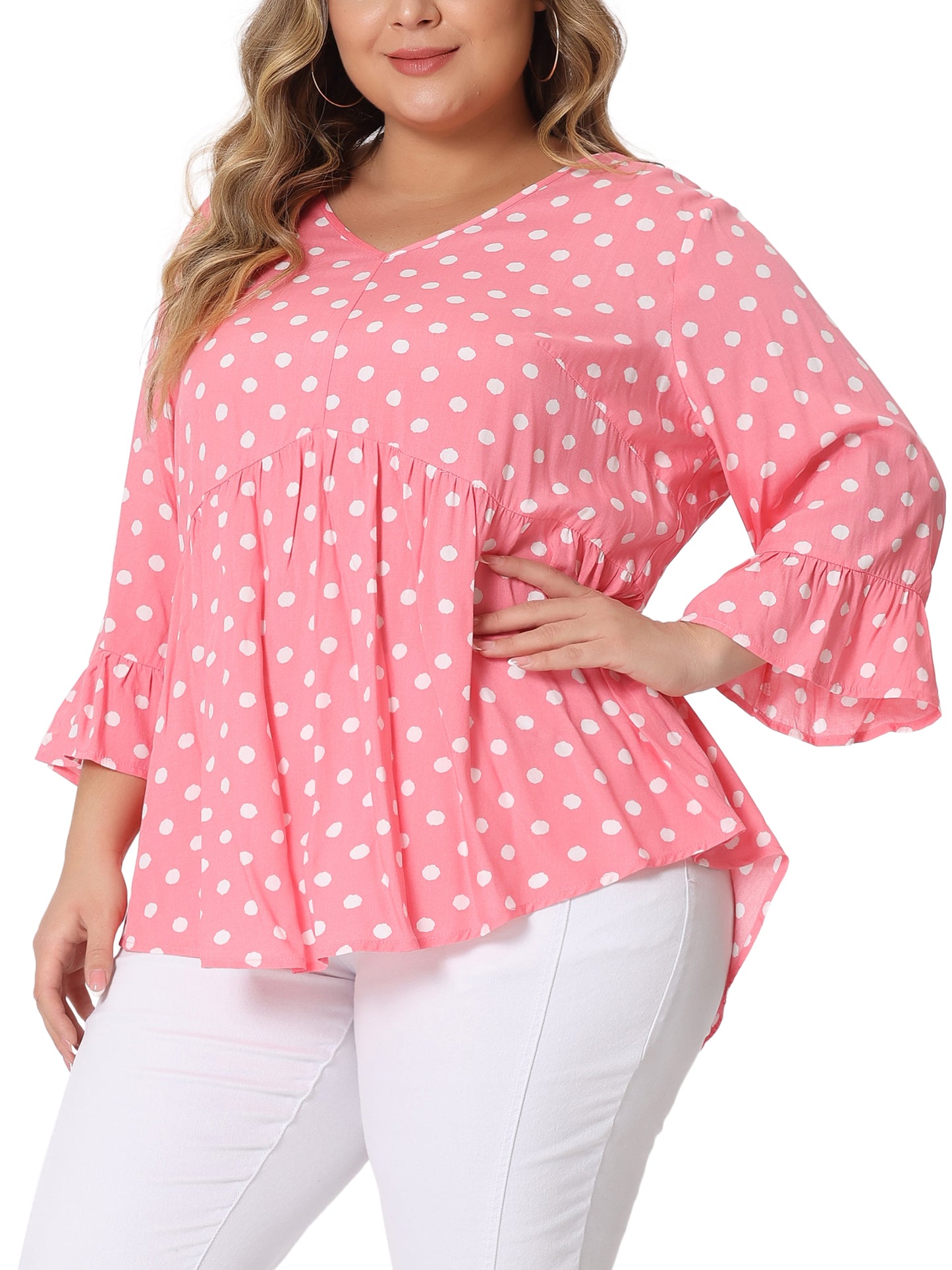 Women Plus Size Polka Dots Blouses V Neck 3/4 Ruffle Sleeve Peplum Top