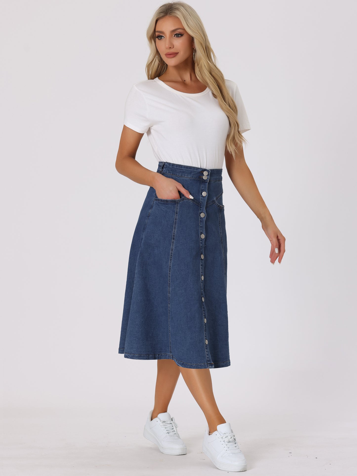 Womens' Summer Denim Skirt High Waist Buttons Front A-Line Flowy Midi Skirts with Pockets